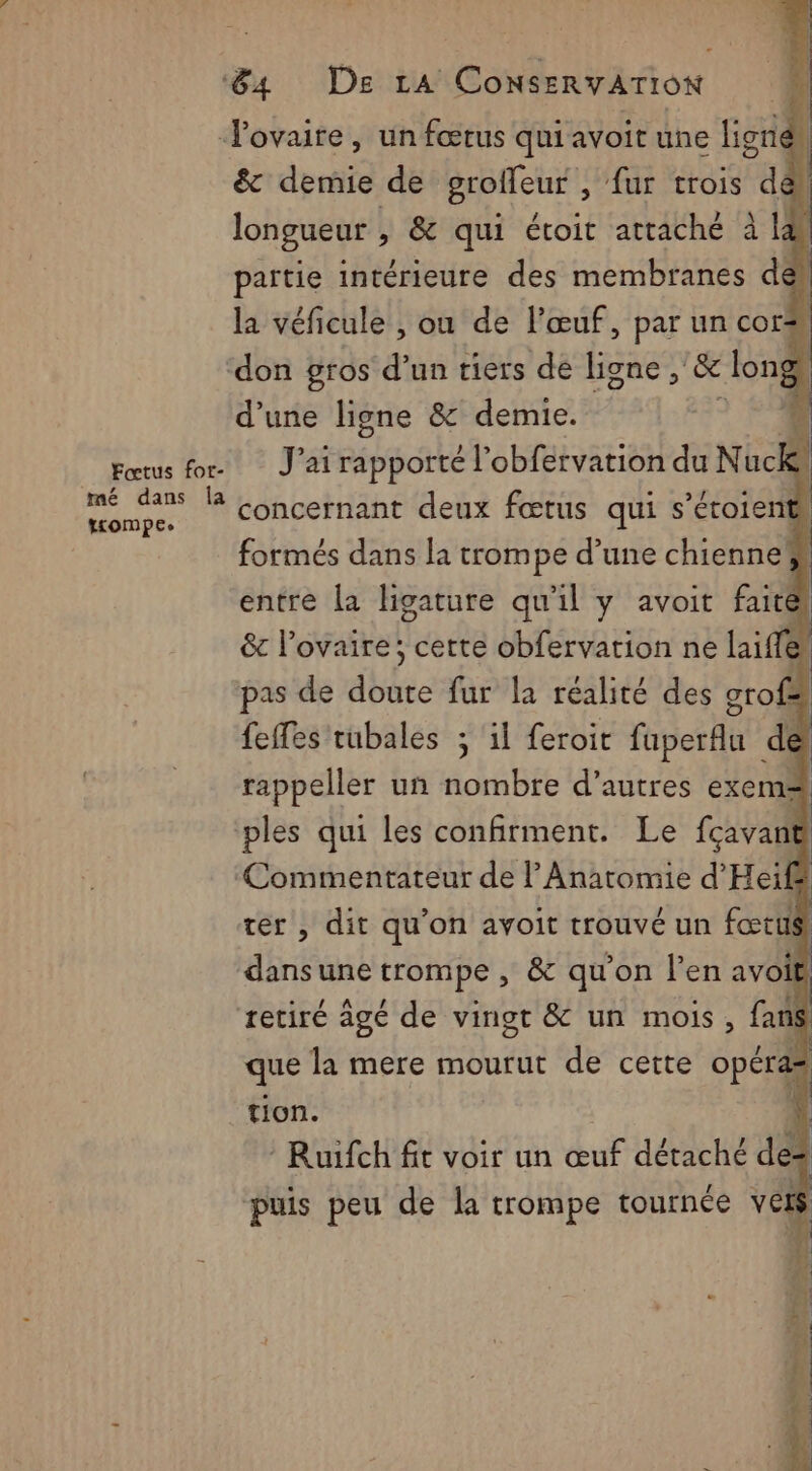 &amp; demie de grolfeur , fur trois d&amp; longueur , &amp; qui étoit attaché 1 à partie intérieure des membranes del don gros d’un tiers de ligne ,'&amp; longs d’une ligne &amp; demie. 4 ci Fœtus for. J'ai rapporté l’obfervation du Nuc à Er RU l Concernant deux fœtus qui s’étoient formés dans la trompe d’une chienne, entre la ligature qu'il y avoit faire &amp;c l'ovaire; cette obfervation ne laifle pas de doute fur la réalité des gro feffes rubales ; il feroit fuperfu de Commentateur de l’Anatomie d'Heiff rer , dit qu’on avoit trouvé un fœtts | dansune trompe , &amp; qu’on l'en avoit retiré âgé de vingt &amp; un mois, fans que la mere mourut de cette opéras tion. À Ruifch fit voir un œuf détaché des puis peu de la trompe tournée vel