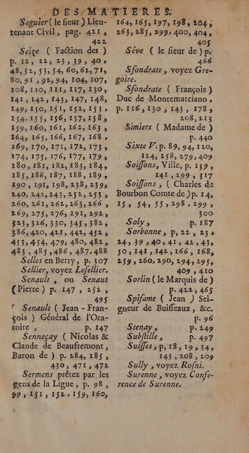 Seguier( le fieur.) Lieu- tenanc Civil, pag. 421, P- 12, 225 253393 40» 48,52, 533 54 66,62,71) 30,91 » 92, 945 1043 107; 108,110, 1113 117; 130; 141,142, 1433 147, 148, 154155, 156, 157,158, 155,160, 161, 162,163, 164, 165$, 166, 167, 168 » 169, 170, 171, 172, 1733 1745 1753 1763 1773 1795 180,181, 182,183, 184, 185,186, 187, 188,189; 490 , 191, 198, 238, 2395 240, 242,243,252, 293 5 260, 261,262,263,266 ; 269, 275$, 2765 291, 2923 3233 326,330; 345 382; 386,410, 421, 442; 452; 453 454, 479; 489, 482, 483, 485,486, 487,488 Selles en Berry, p. 307 Senaulr | ou Senaut CPictte,) psst47 , 252, | 49$ F Senault ( Jean - Fran- £gois ) Général de l’Ora- toire , P- 147 Sennecay ( Nicolas &amp; Claude de Beaufremont, Baron de ) p. 284, 285, 430, 47I, 472 Sermens prètez par les gens de la Ligue, p. 98, 99 5 SL 152159, 169; 164, 165$, 197; 198, 204 ; 263,285, 299; 400, 404, Sêve ( le fieur de }p. 466 _Sfondrate ; voyez Gre- goire. Sfondrate ( François) Duc de Montemarciano , P- 116,130 ; 143, 178 5 | 208,213 Simiers ( Madame de ) LL ARREA: «Ps 440 Sixte Vip: 89, 94, 120; 4243 258, 279,409 Soiffons, Ville, p. 139; s 141,299, 317 _ Soiffons ; ( Charles de Bourbon Comte de )p. 14, IS, $4, 55» 298,299; 300 Soly $ p: 187 Sorbonne, p,22, 233 2453 39 540 3 41, 42, 4359 SO: 141 ,142,166 , 168, 259 ; 260, 290, 294,29$, Ë 409 ; 410 Sorlin (le Marquis de) E” P. 422, 46$ Spifame ( Jean ) Sei- gneur de Buifleaux, &amp;c. | p. 96 Sienay , p: 249 Subfulle ; P. 497 Suifles ; P:18,19, 34» 143,208 , 209 Sully ; voyez Rofni. Surenne , voyez Confe- rence de Surennes