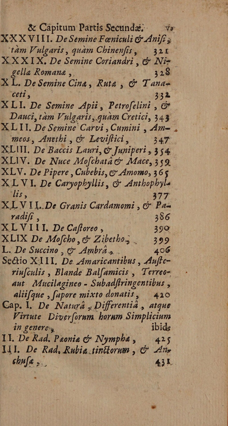 &amp; Capitum Partis Secunda; — v» AXXVIII. DeSemine Faniculi &amp; nifi y tam Vulgaris , quam Chinenfis, — 321 XXXIX. De Semine Coriandri , &amp; Ni- gella Romana , 328 X L. De Semine Cina , Ruta , &amp; Tana- €eti , | d 331 XLI. De Semine pii , Petrofelini , &amp; Dauci, tam Vulgaris, quam Cretici, 343 XLII.DeSemiue Carvi , Cumini , Am- , meos, Anetbi , C Leviflici, |^ 347 XLIII. De Baccis Lauri, € Juniperi , 3 $4. XLIV. De Nuce Mofchatá e$ Mace, 3$9. XLV. De Pipere , Cubebis, e? Amomo, 365 XL V I. De Caryophyllis , &amp; Anthophyle I, 377 XLVIL.De Granis Cardamomi , e$ Pa- radifi , | | 386 XLVIII, De Cafloreo , 399 XLIX De Mofcho , c Zibethos | 399. L. De Succino , t&amp; Ambr, . 406 Sectio XII, De zAmaricantibus , Aufte- riufculis , Blande Bal[amicis , Terreo- . aut. Mucilagineo - Subadffringentibus , aliif2ue , fapore mixto donatit, — 410 Cap. L. De Natura , Differentia , atque Virtue. Diverformn. borum Simplicium ingemerey, 0 | ibid; Il. De Rad. Paonia c Nympha , 425 IlI. De Rad, Rubia..tintlorun , € 24e ehnfa ,.. | 4M