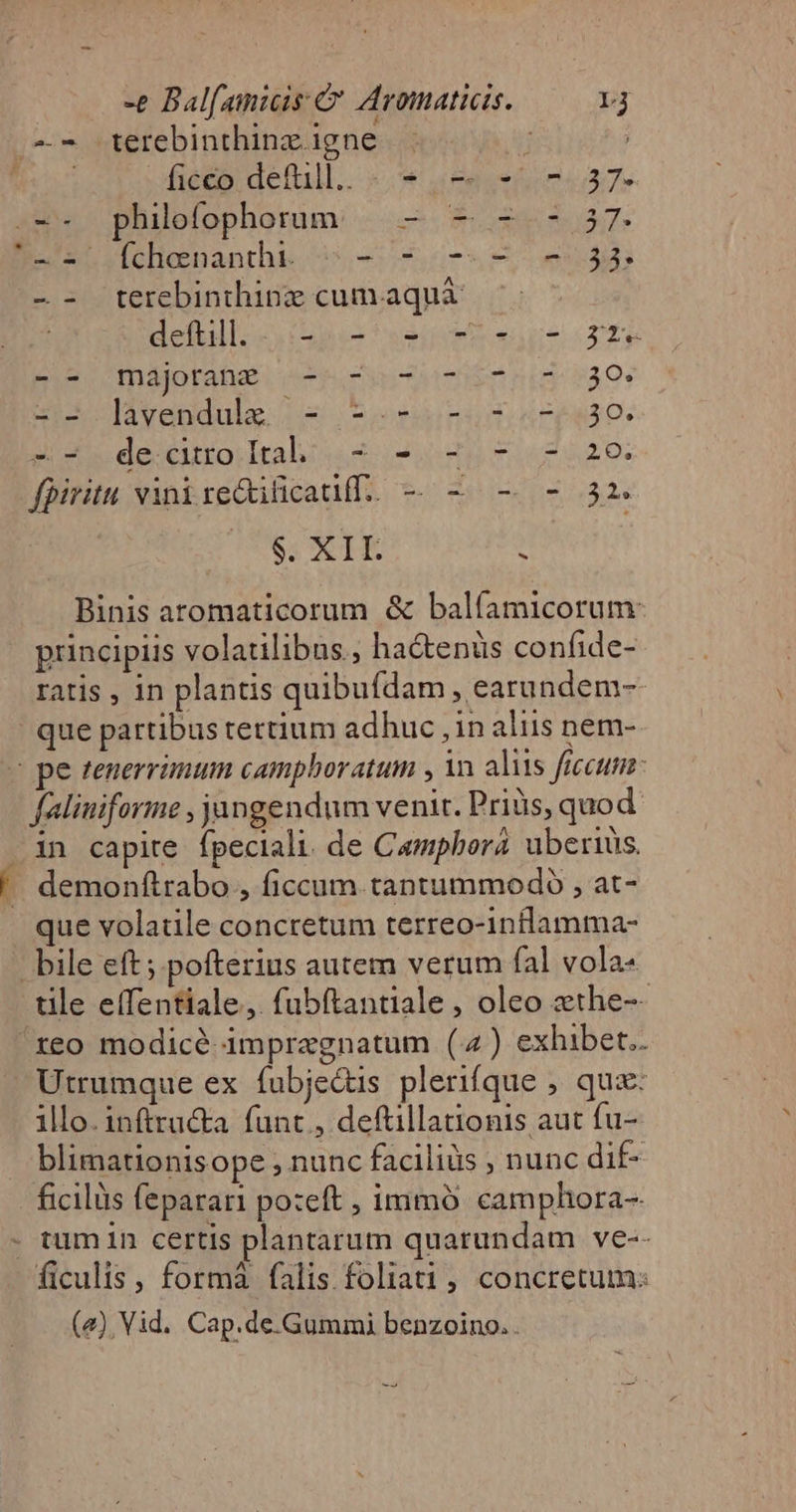 Um Bal[amicis: C ZAroaticis. Lj (—- terebinthinz. igne | 37. ficco defull.. - - - - -. philefophorum | - - 2.- 37. ez fchenantht —-/09 77 733; -- terebinthine cumaquá. deftill.-.. (5-579 77-25- 32 pscomaiorahs Rope niB 30: 23 lvendulg | 9 55797203, 67£30- 2s-2 deciuroltal - - - - - 2€ fpiritu vinire&amp;ificauff.. —- - - - 32 $. XII. ; Binis aromaticorum &amp; balfamicorum: principiis volaulibus.; hactenüs confide- ratis , in plantis quibufdam , earundem-- que partibus tertium adhuc in aliis nem- | pe tenerrimum campboratum , in alus ficcum: faliniforme , jangendum venit. Prius, quod .in capite ípeciali. de Camphbora uberius. demonftrabo , ficcum.tantummodoó , at- que volatile concretum terreo-1inflamma- bile eft; pofterius autem verum fal vola« tle effentiale, fubftantiale , oleo ethe- reo modicé impregnatum (4) exhibet.. Utrumque ex fubjedus plerifque , quz: illo. inftru&amp;ta funt , deftillationis aut fu- blimationisope , nunc faciliüs , nunc dif- ficilüs feparari po:eft , immó camphora- . tum in certis plantarum quarundam ve-- ficulis , formà falis foliati, concretum: (e) Vid. Cap.de.Gummi benzoino.. - -