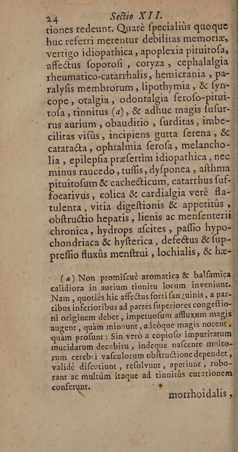 tiones redeunt. Quaré fpecialius quoque huc referri merentur debilitas memortiz, affe&amp;us foporofi , coryza , cephalalgia tofa , tinnitus (4) , &amp; adhuc magis fufur- | cilitas vifüs , Incipiens gutta ferena , &amp; catatacta , ophtalmia ferofa , melancho- tulenta , vitia. digeftionis &amp; appetitüs , preffio fluxüs menftrui , lochialis, &amp; hz | ni originem debet , impetuofum affluxum magis - augent, quàm minuunt, aleóque magis nocent, | quàm profunt : Sin veró a copiofo impuritatum | mucidarum decubitu , indeque na(cente multo-* rum cereb:i vafculorum obítru&amp;tione dependet , validé difcotiunt , refolvunt , aperiunt , robo- . rant ac multüm itaque ad tinnitüs curationem | conferunt. i morrhoidalis ,-