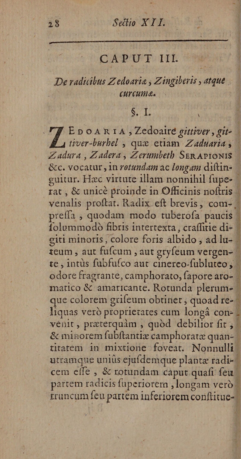 rada d Loca bli valuta di SEL Lan o Bn lu De radicibus Z edoaria , Zingiberis , atque CHYCUHIA. | $ fÁ EDOARIA ,Zedoaité gittiver , git- Zadura , Zadera, Zerumbeth SgER APIONIS &amp;c. vocatur , in zotumdam ac longam diftin- V 2 A odore fragrante, camphorato, fapore ato- [9 liquas veró propriezates cum longá con- vénit, praterquàm , quód debiltor fit; titatem in mixtione foveat. Nonnulli cm cnET.. PO rue — med ny