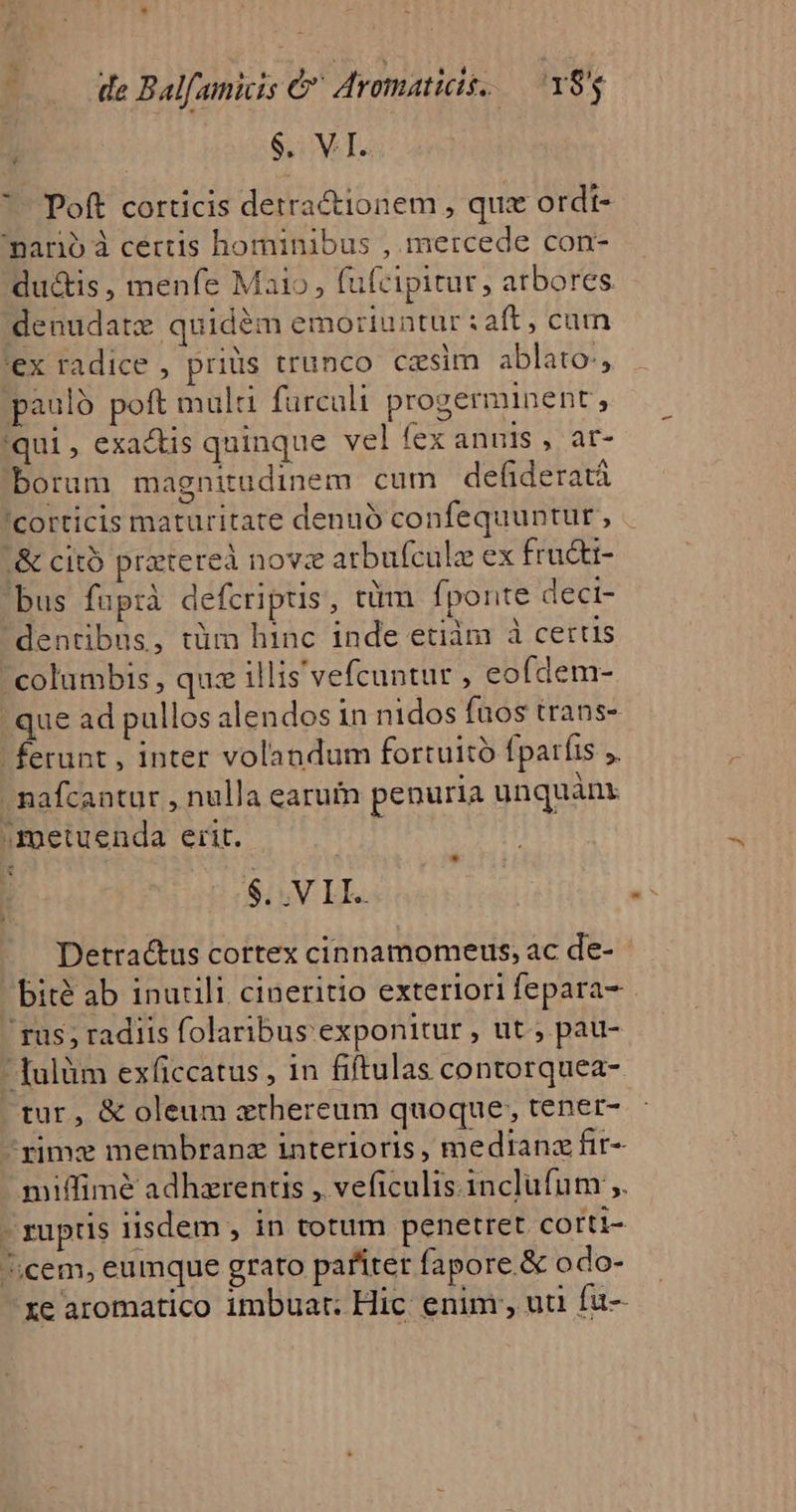 * de Balfamicis &amp; Aromaticis. 185 * $. VI. Poft corticis detractionem , quz ordt- 'marió à certis hominibus , mercede con- du&amp;is , menfe Maio, fufcipitur, arbores. denudatz quidém emortuntur ift, cuin 'ex radice , priüs trunco cesim ablato, paulo poft multi furculi progerminent, 'qui , exactis quinque vel fex annis , at- borum magnitudinem cum defideratà 'Corticis maturitate denuó confequuntur, '&amp; citó pratereà novz arbufcule ex fru&amp;i- bus faprà defcriptis, tüm fponte deci- dentibus, tüm hinc inde etiám à cerus columbis , quz illis vefcuntur , eofdem- que ad pullos alendos in nidos fuos trans- ferunt , inter volandum fortuitó fparfis ;. -nafcantur , nulla earum penuria unquam metuenda erit. $.. VII. Detractus cortex cinnamomeus, ac de- | bité ab inurili cineritio exteriori fepara-  rus; radiis folaribus exponitur , ut , pau- - Tulüm exficcatus , in fiftulas contorquea-. tur, &amp; oleum xthereum quoque, tener- rimz membrana interioris , mediana fir- nmiffimé adhzrentis , veficulis. inclufum ;. - ruptis nsdem , in totum penetret Ccotti- icem, eumque grato pafíter fapore &amp; odo- xe aromatico imbuat; Hic enim, uu fa-