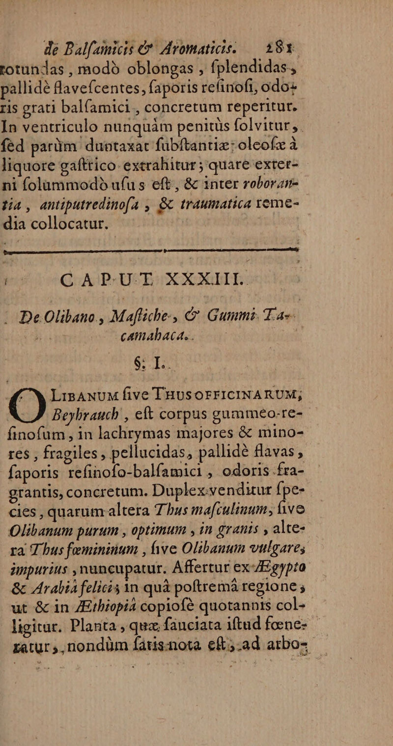 totundas , modó oblongas , fplendidas, pallidé llavefcentes, faporis refinofi, odo» ris grati bal(amici , concretum reperitur. In ventriculo nunquàm penitüs folvitur,. fed parüm duntaxat fübftantiz:oleofzx à liquore gafttico- extrahitur; quare exter- ni folummodó ufus eft, &amp; 1nter roboran- pia, antiputredinofa , &amp; traumatica reme- dia collocatur. | | justi e QoATPHUUBUX XOUILE: | ; DeOlibano , Mafliche, &amp; Gummi. Tau Ha camabaca, . ' SUD () LisANUM five THUSOFFICINARUM; Beybrauch , eft corpus gummeo-re-- finofum , in lachrymas majores &amp; mino- res , fragiles , pellucidas, pallidé flavas , faporis refinofo-balfamici , odoris .fra- grantis, concretum. Duplex:yenditur fpe- cies , quarum altera 7s ma[culinum, five Olibanum purum , optimum , in granis , alte- ra V bus femininum , we Olibanum vulgares impurius , nuncupatur. Affertur ex /Egypta &amp; Arabia felicis 1n quà poftremá regione ; ut &amp; in JEthbiopia copiofé quotannis col-- ligitur. Planta , qua fauciata iftud foene- zatur,,nondüm fatis-nota eft5.ad atbo--