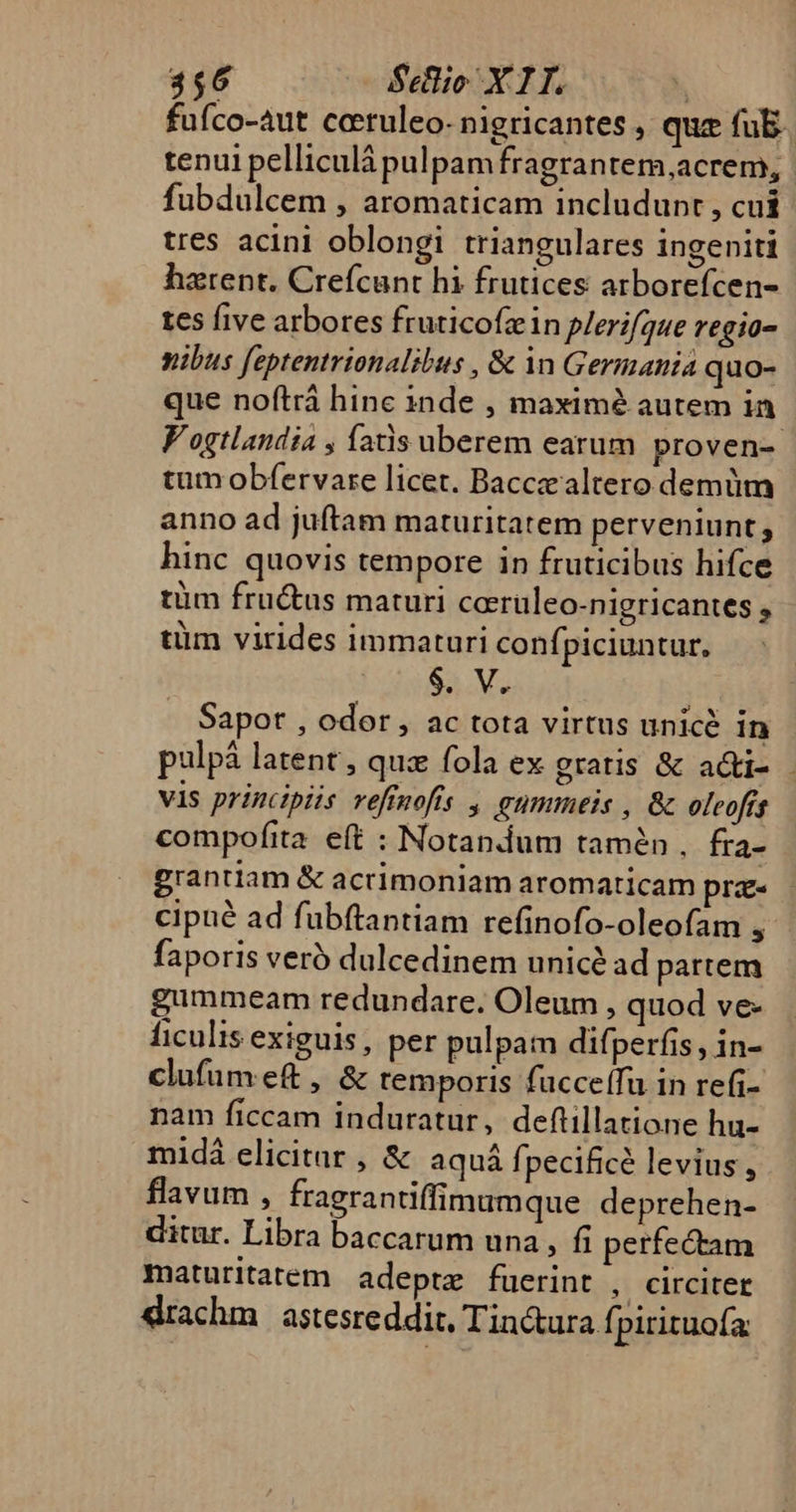 fufco-áut ceruleo. nigricantes , quz fub. tenui pelliculáà pulpamfragrantem,acrem, fubdulcem , aromaticam includunt , cui tres acini oblongi triangulares ingeniti harent. Crefcunt hi frutices arborefcen- tes five arbores fruticofzin plerifque regio- nibus feptentrionalibus , &amp; in Germania quo- que noftrá hinc inde , maxim? autem in V'ogtlandia , fatis uberem earum proven-- tum obfervare licet. Baccz altero demüm anno ad juftam maturitatem perveniunt ; hinc quovis tempore in fruticibus hifce tüm fructus maturi ceeruleo-nigricantes ; tüm virides immaturi confpiciuntur, $. V. Sapot , odor, ac tota virtus unicà in pulpá latent, quz fola ex gratis &amp; a&amp;ti- vis principiis veffnofis , eummeis , &amp; olcofis compofita eft : Notandum tamén , fra- grantiam &amp; acrimoniam aromaticam prz- cipué ad fubftantiam refinofo-oleofam 3 faporis veró dulcedinem unicé ad partem gammeam redundare. Oleum , quod ve- ficulis exiguis, per pulpam difperfis , in- clufumeftt, &amp; temporis fucce(fu in refi- nam ficcam induratur, deftillatione hu- midá elicitar , &amp; aquá fpecificé levius, flavum , fragrantiffimumque deprehen- ditur. Libra baccarum una ; fi perfectam maturitatem adepte fuerint , circiter drachm astesre ddit, Tin&amp;ura fpirituofa