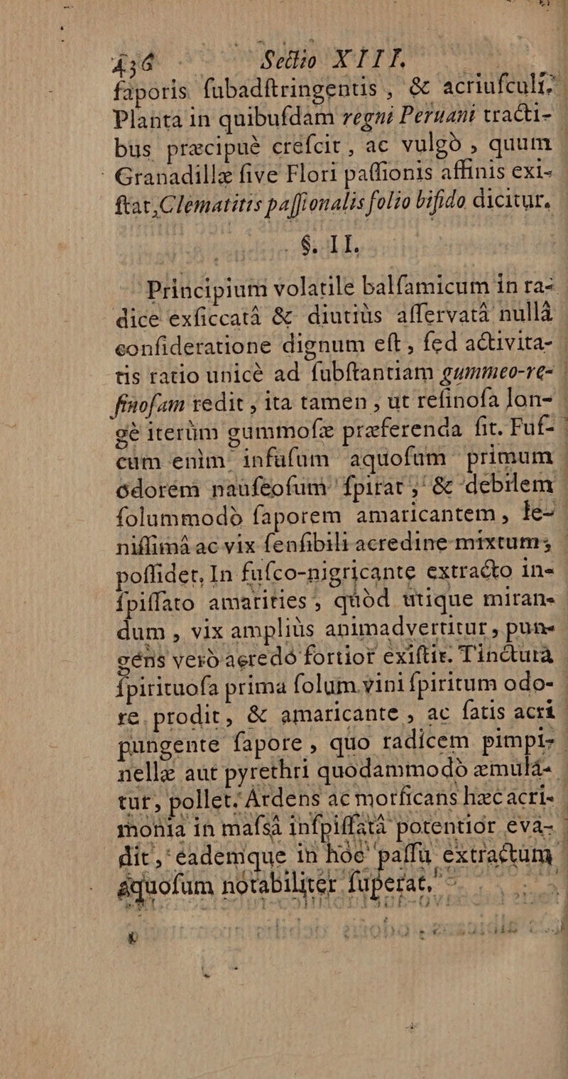 faporis fabadftringenus , &amp; Acriufcult; Planta in quibufdam regni Peruani vrac bus precipue crefcit, ac vulgo , quum | - Granadillz five Flori paffionis affinis exl- ftat,Clematitts pa[f[ionalis folio bifido dicivur, S, ALI. Principium volatile balfamicum in ra- dice exficcatà &amp; diutiüs alfervatà nullà eonfideratione dignum eft, fed activita- | tis ratio unicé ad fubftantiam gummeo-re- fintof am redit ; ita tamen , ut refinofa ]on- | gé iterüm gummofz praferenáa fit. Fuf- | cüm enim. infüfüm aquofum primum 6dorém naüfeofum' fpirat ;^ &amp; debilem | folummodó faporem amaricantem, le- niffimá ac vix fenfibili acredine- mixtum; | poffidet, In fufco-nigricante extracto in-«- fpiffato amarities , quod utique miran. | dum , vix ampliüs animadvertitur , pun- gens vero aeredó fortior exiftir. Tinctutrà | fpirituofa prima folum vini fpiritum odo- re. prodit, &amp; amaricante ac fatis acri pungente fapore , quo radicem pimpl- nellz aut pyrethri quodammodo zmula- tut; pollet; Árdens ac morficans hzcacris | monia in mafsà infpiffatà potentior eva- | lic, eademque in hàe paffü extradtum áquofüm notabilier füperat, ^... E &amp; H ^d ! Il HG pote alm c.