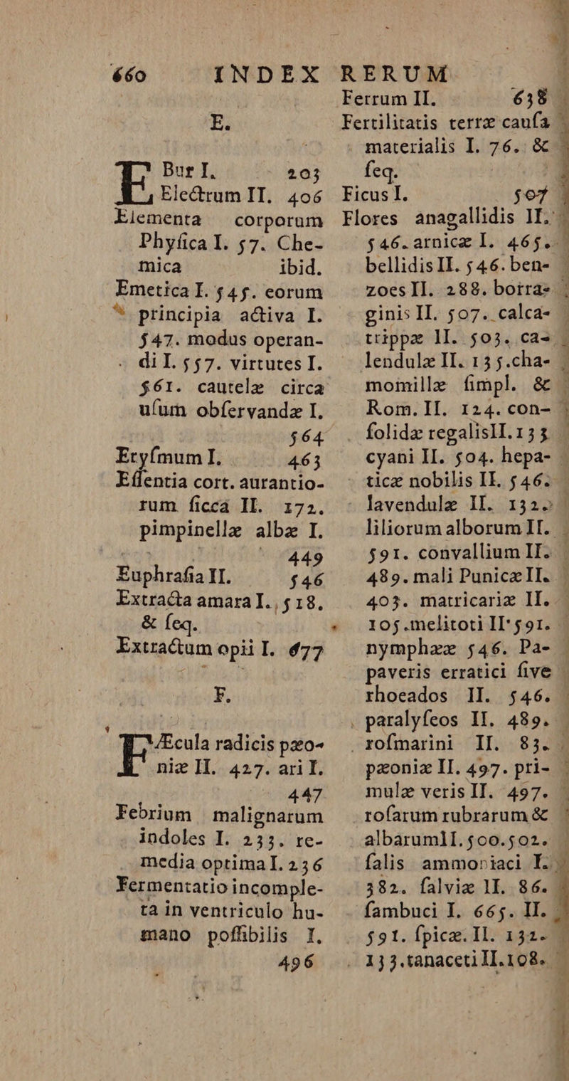 Bur I. 203 : 638 i materialis I. 76. &amp; - feq. Eiementa Phy(ica I. $7. Che- mica ibid. Emetica I. $45. eorum ^ principia activa I. 547. modas operan- « dil 557. virtutes I. $61. cautela circa u(um obíervandz I. 64 Ery(mum I. is 3 Effentia cort. aurantio- rum ficcá ILI. 172. pimpinelle alba I. Euphrafia II. i Extracta amara I. , $ 18. &amp; Íeq. | Extra&amp;um opii I. 477 F. /Ecula radicis pxo- nie II... 427. ari I. (7 £447 Febrium | malignarum indoles I. 233. re- media optimal. 256 Fermentatio incomple- ta in ventriculo hu- mano pofhbilis I. 496 $46.arnicz I. 465. bellidisII. 546. ben- | zoesIl. 288. boira- | trippa lI. $03. ca- . lendulz II. 13 j.cha- | momille fimpl. &amp; . Rom. II. 124. con- | cyani H. $04. hepa- - tice nobilis II. $46. — liliorum alborum II... $91. convallium II. 489. mali PuniceIl. | 403. matricariz II. 10j.melitoti ID591. — nymphae $46. Pa- - paveris erratici five | rhoeados Il. 546. : 8: paoniz II. 497. pri- . mulz veris II. 497. rofarum rubrarum &amp; | albarumlI. 00.502. falis. ammoriaci TI. 382. falvia 1I. 86. - fambuci I. 665. II. | $91. fpica. Il. 132. — n