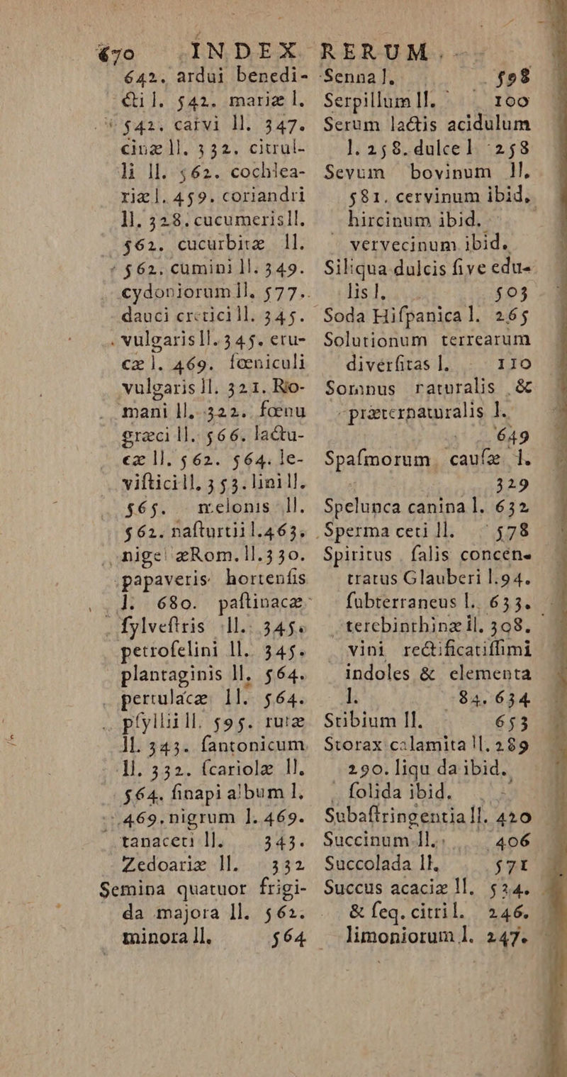 €70 SINDOEXX. 642. ardui benedi- €i l. $42. mariz l. 1$41. catvi ll. 347. cinz ll. 332. ciurul- Ji ll. $62. cochlea- rizl.459. coriandii ll. 328. cucumerisll. $62. cucurbitz 1l. ' $62. cumini ]l. 349. dauci crcticill. 345. . vulgaris ll. 24$. €ru- cz . 469. Íoniculi vulgaris ]l. 321. Ro- mani ll.-.322.. foenu graci 1l. $66. lactu- ez 1l. 562. $64. le- vifticill, 5 $3. linill. $65. melonis. ll. $62. nafturtiil.463. ,,nige! eRom. 11.3 30. .papaveris hortenfis s de 1689. . fylvefiris |... 345. petrofelini ll... 345. plantaginis ll. $64. | Sea 1l. $64. . pfylill. $95. rutz 1L 53435. fantonicum Al. 332. (cariolz ll. $64. finapi album l. 469, nigrum ]. 469. tanaceri ll. 343. Zedoarig ] 332 Semina quatuor frigi- da majora ll. 562. minora ll. RERUM. 'Senna ]. ^ g Serpillum ll. I00 Serum lactis acidulum 1. 258. dulcel. 258 Sevum bovinum 1l. $81. cervinum ibid, — hircinum ibid. vervecinum ibid. Siliqua dulcis five edu- lis l, $03 Soda Hifpanical. 26; Solutionum terrearum diverfitas I. 110 j Somnus raturalis &amp; -práeterpaunralis ].. (1,649 Spafmorum,, caufz. 1. 329 LE SH canina l. 632 478 Spiritus . falis concen. tratus Glauberi 1.94. fübterraneus l.. .terebinthinzil. 308. . vini re&amp;ificatiffimi indoles &amp; elementa l. 84. 634. Sübium ll. - 653 Storax cilamita !l. 2989 290.liqu da ibid. folidaibid. .. Subaflringentiall. 420 . Sucinum.ll; ^ 406 - Succolada 1l. $7t JH Succus acacim ll. $24. - &amp; feq. citri l. 246. Hixggmnpad: 247.