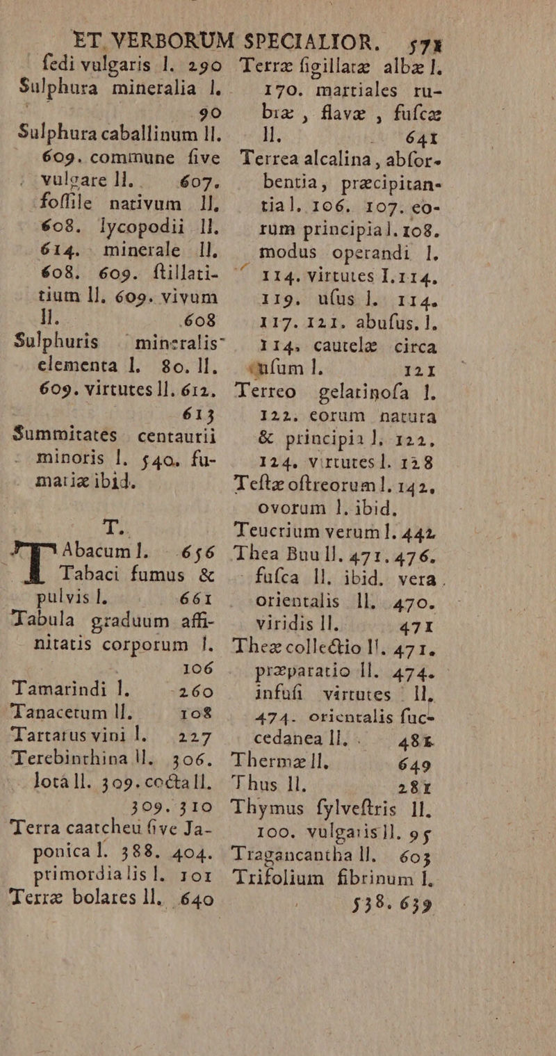 fedi vulgaris 1l. 290 Sulphura mineralia |. i 90 Sulphura caballinum ll. 609. commune five vulgare ll.. — 607. fofile nativum . 1l. 608. lycopodii ll. 614. minerale 1l. 608. 609. ftillati- tium ll. 609. vivum ll. .608 Sulphuris |^ min:ralis- elementa l. 8o. ll. 609. virtutes ll. 612, 613 Summitates centaurii minoris |l. £40. fu- matriz ibi4. e Abacuml. ..6,6 P Tabaci fumus &amp; pulvis I. 661 abula graduum affi- nitatis corporum |l. | 106 Tamarindi 1. :260 'Tanacetum ll. 108 Tartarusvinil. 227 Terebinthina ll. 306. lotáll. 309. coctall. 309. 3IO erra caatcheu five Ja- ponical. 388. 404. primordialisl. ror $7X Terra figillaz albae l. 170. martiales ru- bix , flave , fufca s -- 641 Terrea alcalina , abfor- bentia, pracipitan- tial. 106. 107. €o- rum principial. 108. modus operandi l. 14. virtutes I. 114. 119. ufus l. 114. 1317. X2, abufus; ]. 114. cautela circa mfum 1. I2I lerreo gelatimofa 1. 122. eorum natura &amp; principia], 122. 124. Virtutes l. 128 Teftz oftreoruml. 142. ovorum 1]. ibid. Teucrium verum]. 442 Thea Buull. 471.476.  fufca |l. ibid. vera. orientalis ll. 470. viridis ll. 47I Thez collectio l!. 47 1. przparatio ll. 474. infuüfi virtutes | |l, 474. orientalis fuc- cedaneall.. ^ 484 Thermz ll. 649 T hus 1l. 28r Thymus fylveftris |l. IOO. vulgaiis]l. og Tragancanthall. 605 Trifolium fibrinum l. $38. 639