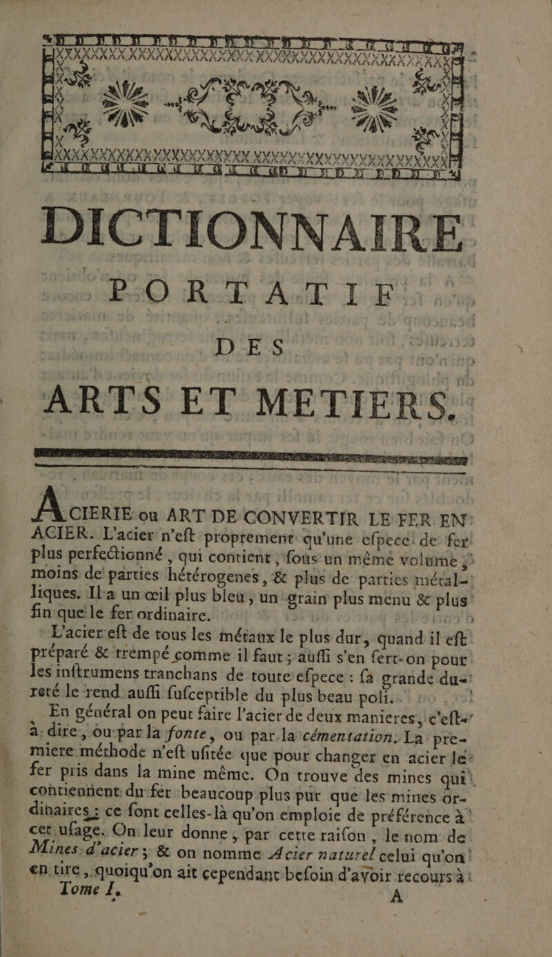 TT D ES ae LD Le Le qu er mu qu CADLEL FE CET ‘ Lt “ À ‘ : ù , 4 * # Ve À Los 0 A, RP, Aie $ No = € ER No ko. AN EX RS $ 44 à res 2 ALAN UN le AE Ve DU L AE nes d ans à 4 5 54 AXXAAAKNKERNNKNEEMNNNN MAMAN NM dl: DICTIONNAIRE : PO R-T. AT 1 EF ARTS ET METIERS. More ou ART DE CONVERTIR LE FER EN ACIER. L’acier n’eft proprement qu'une cfpece! de fer: plus perfeéticnné , qui contient , fous un même volume moins de parties hétérogenes , &amp; plus de parties méral= liques. Il-a un œil plus bleu, un “grain plus menu &amp; plus! fin que le fer ordinaire. QUERL * L'acier eft de tous les métaux le plus dur, quand il ef préparé &amp; trempé comme il faut ; auffi s’en {ert-on pour les inftrumens tranchans de toute efpece : fa grande du- reté le rend auffi fufceptible du plus beau poli. | En général on peut faire l'acier de deux manieres, c'eft+ 2; dire, ou-par la fonte, où par.la cémentation, La pre miere mérhode n’eft ufitée que pour changer en acier le’ fer pris dans la mine même. On trouve des mines qui | contienfient dufer beaucoup plus pur que les mines ôr- dinaires : ce font celles-1à qu’on emploie de préférence à! cet ufage. On leur donne , par cette raifon , lenom de Mines: d'acier 3 &amp; on nomme Acier naturel celui qu'on en tire, quoiqu'on ait cependant befoin d'avoir recours à :