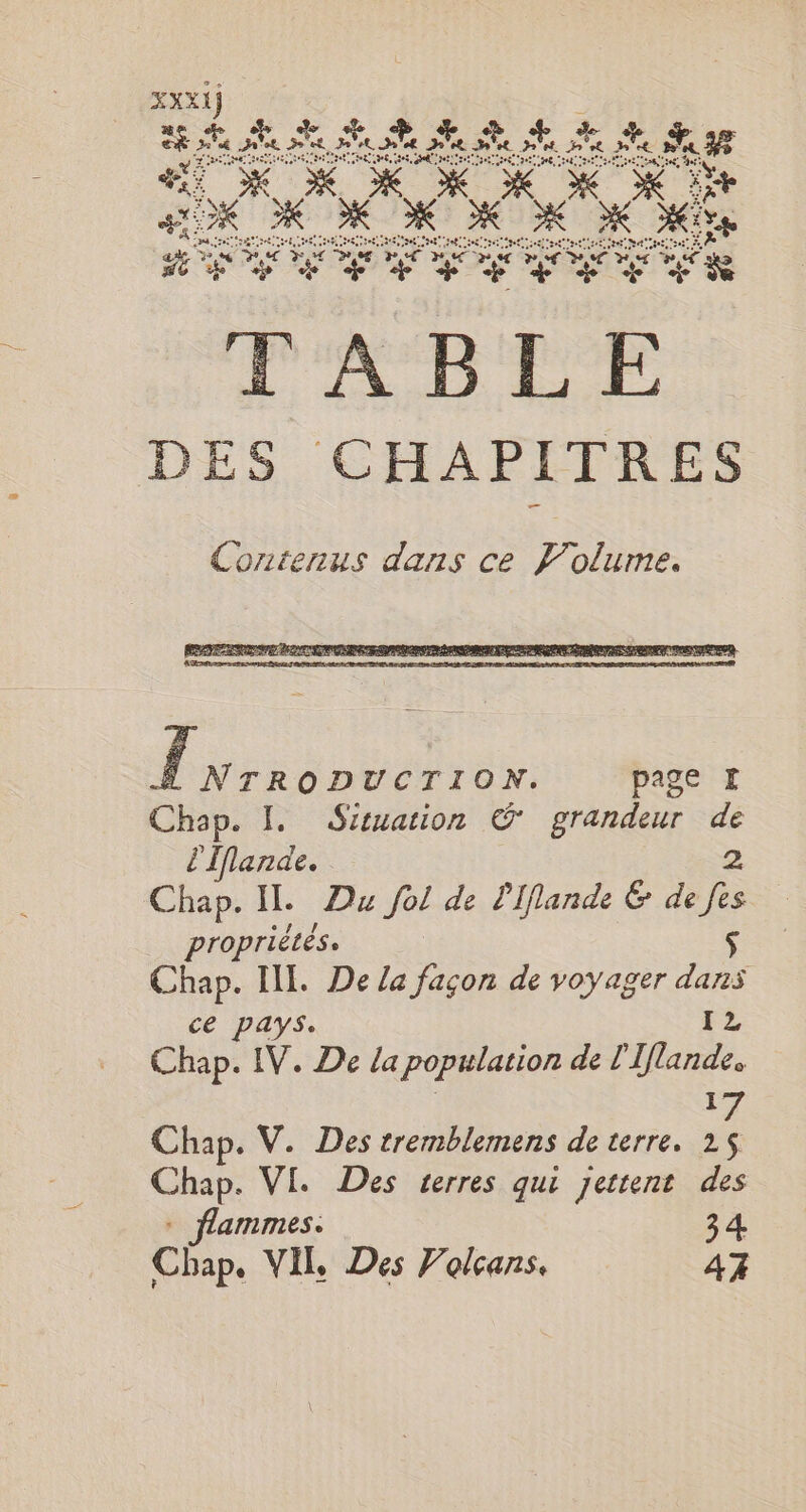 TE Tan SAN Te ee T à B L E DES CHAPITRES Contenus dans ce Folume. eich page I Chap. I. Situation © grandeur z l'Iflande. Chap. II. Du fol de Piflande &amp; de fs propriétés. $ Chap. Ill. De la façon de voyager dans ce PAYS. I2 Chap. IV. De la population de l'Iflande. 17 Chap. V. Des tremblemens de terre. 25 Chap. VI. Des terres qui jettent des ammes: 34 ML. Chap. VIL Des Volcans, 47