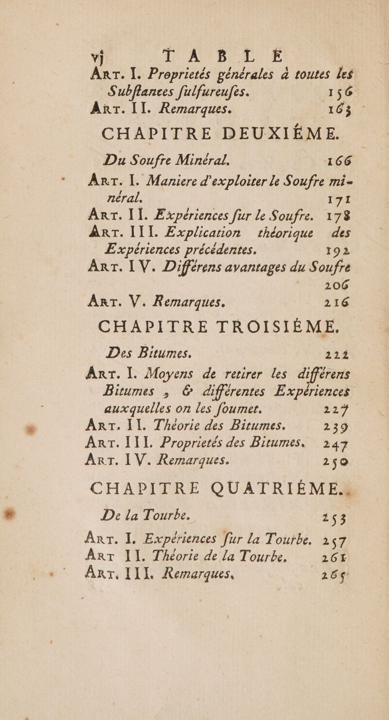 v) LOAMPBOLUE Arr. |. Proprietés générales à toutes les Subflances fulfureufes. 156 ART. [I. Remarques. 168 - CHAPITRE DEUXIÉME. Du Soufre Minéral. 166 ART. |. Maniere d'exploiter Le Soufre mi- néral, 171 Arr. 11. Expériences fur le Soufre. 1738 ART. III. Explication théorique des Expériences précédentes. 192 ART. IV. Différens avantages du Soufre 206 ART. V. Remarques. 216 CHAPITRE TROISIÈME. Des Bitumes. 222 AnT. I. Moyens de retirer les différens Biumes ; &amp; différentes Expériences auxquelles on les foumer. 22% ART. II. Théorie des Bitumes. 239 ART. IIL Proprietés des Bitumes. 247 ART. IV. Remarques. 250 CHAPITRE QUATRIÉME.. De la Tourbe. 1$ 3 Arr. I. Expériences [ur La Toutbe. 257 ART I]. Théorie de la Tourke. 261