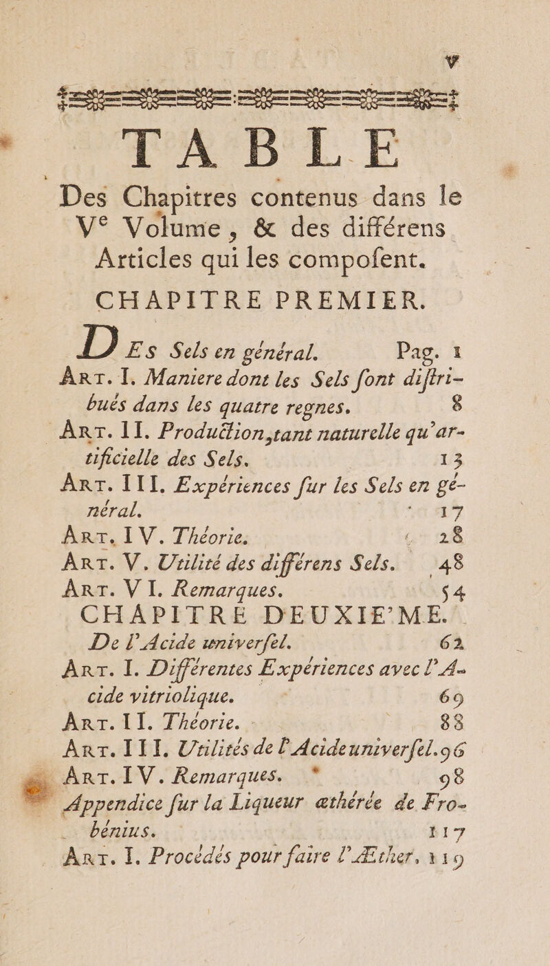 e V® Volume , &amp; des différens Articles qui les compofent. CHAPITRE PREMIER. D Es Sels en général. Pag. 1 ART. Î. Maniere dont les Sels [ont difiri- ART. 11. Produétion tant naturelle qu’ar- tificielle des Sels. 5 ART. III. Expériences fur les S els en ge- néral. 17 ART, IV. Théorie. Gr 28 ART. V. Utilité des différens Sels. 48 ART. VI. Remarques. 4 CHAPITRE DEUXIEME. De l’ Acide wniverfel. à à Arr. I. Différentes Expériences avec l'A. cide vitriolique. | 69 Art.1lI. Théorie. - | FES ART. III. Urilirés de l'Acideuniverfel.96 ART. IV. Remarques. * 98 Appendice fur la Liqueur athérée de Fa benius. 117