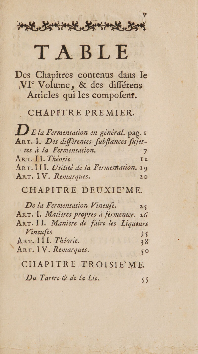 pa Brin dl T ABEE Des Chapitres contenus dans le VI° Volume, &amp; des différens Articles qui les compofenr. CEFAPEERE PREMIER D E la Fermentation en general. pag. r . ART. [. Des différentes fubflances fuyet- tes a La Fermentation. 7 ART. I[. Théorie 12 ART.ÏII. Uiliré de la Fermeration. 19 ART. IV. Remarques. 20 CHAPITRE DEUXIEME, De la Fermentation Vineu(e. 2$ ART. |. Matieres propres à fermenter. 26 ART. II. Maniere de faire les Liqueurs Vineufes c Arr. 111, Théorie. 33 ART. I V. Remarques. CHAPITRE TROISIEME. Du Tartre &amp; de la Lie. ÿ5
