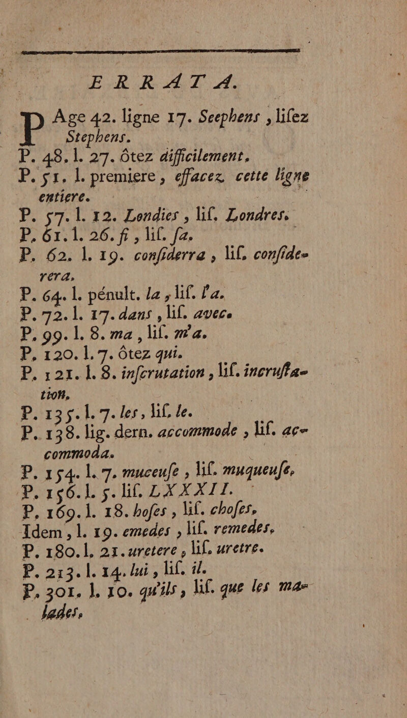 ER RAT A. P Age 42. ligne 17. Seephens , lifez Stephens. R P. 48.1. 27. ôtez difficilement. P. sr. L. premiere, effacez cette ligne entiere. à Lis 37- 1. 12. Londies , ll, Londres, P. 61.1. 26.f, lil. fz. P. 62. L 19. confiderra , UL confide- rera, P. 64. L. pénult. la, Hf Pa. P. 72.1. 17. dans , if, avec, P. 99. 1. 8. ma, lif. ma. P, 120. 1.7. Ôtez qui. P. 121. L. 8. infcrutation , if. incruffa tion, P. 135.17. les, ML de. P. 138. lig. dern, accommode , Ni. ac- commoda. PRO P. 154. L 7. muceufe , if. muqueufe, P. 166.15. li LXXXII. P, 160.1. 18. hofes , lil. chafes, Idem, L. 19. emedes , lil. remedes, P. 180.1, 21.wretere, Lil, wretre. P. 213.1. 14 lui, lif, il. P. 301. 1. 10. qu'ils, Lif. que les mas lades, |
