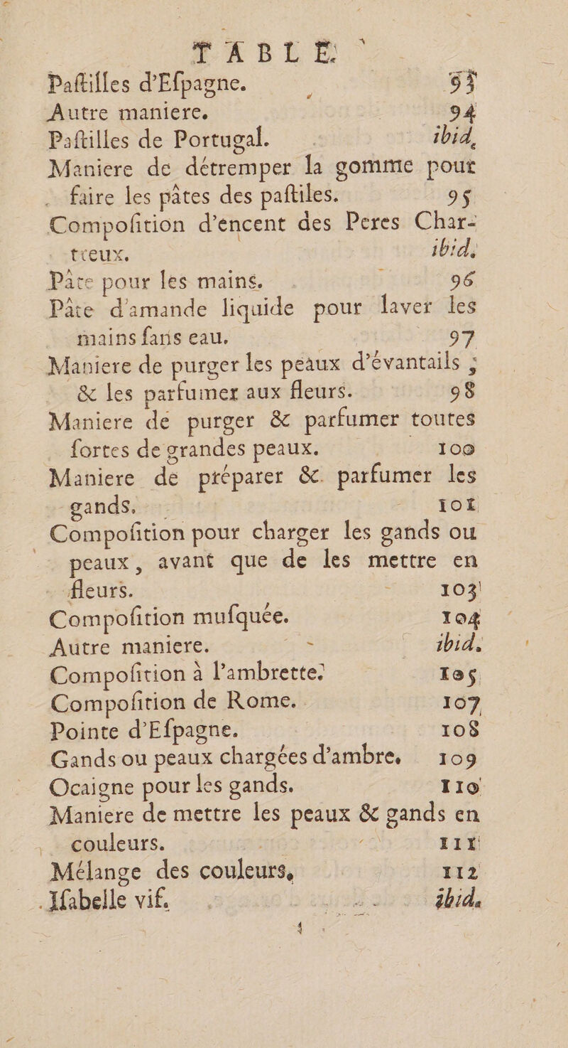 TLLLE Paftilles d'Efpagne. ; CE) Autre maniere. 94 Paftilles de Portugal. ibid, Maniere de détremper la gomme pout faire les pâtes des paftiles. 9$ Compolition d’encent des Peres Char- treux, ib'd, Pate pour les maine. ï 96 Pâte d'amande liquide pour laver les mains fans eau. 97 Maniere de purger les peaux d’évantails ; &amp; les parfumer aux fleurs. 98 Maniere de purger &amp; parfumer toutes fortes de grandes peaux. | 106 Maniere de préparer &amp;. parfumer les gandS, 41 Fo Compoñtion pour charger les gands ou peaux, avant que de les mettre en fleurs. 103! Compolition mufquée. 104 Autre maniere. se ibid, Compoftion à lambrette. 106 Compoftion de Rome. 107 Pointe d’'Efpagne. 108 Gands ou peaux chargées d'ambre 109 Ocaigne pour les gands. 119 Maniere de mettre les peaux &amp; gands en _ couleurs. 2 II Mélange des couleurs, 112 .Jfabelle vif. ja sad