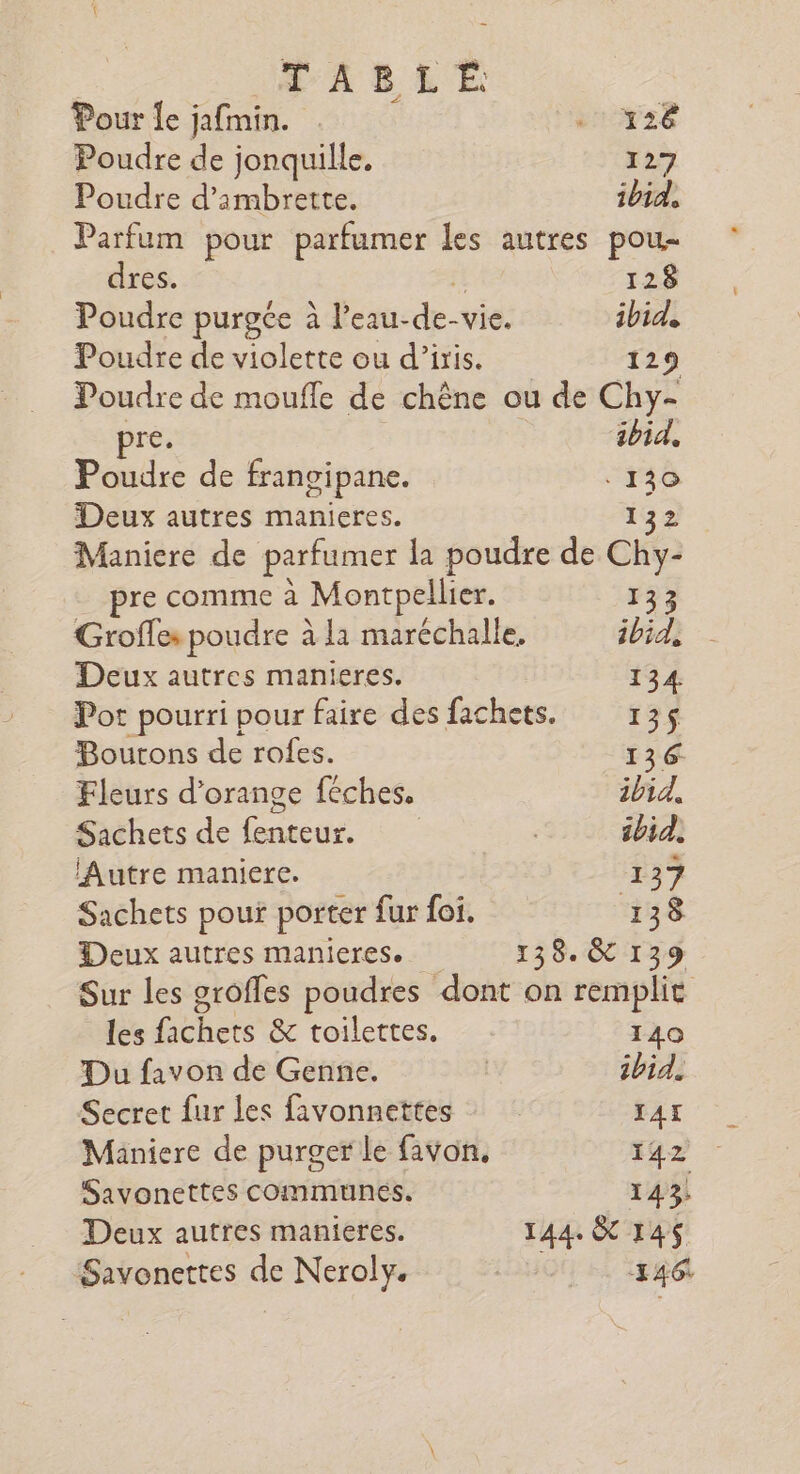 Pour Îe jafmin. . . y2ê Poudre de jonquille. 127 Poudre d’ambrette. ibid. Parfum pour parfumer les autres pou dres. fi 128 Poudre purgce à l’eau-de-vie. ibid, Poudre de violette ou d’iris. 129 Poudre de moufle de chêne ou de Chy- pre. ibid, Poudre de frangipane. . 136 Deux autres manieres. Maniere de parfumer la poudre de ch pre comme à Montpellier. Grofles poudre à la maréchalle, BA Deux autres manieres. 134 Pot pourri pour faire desfachets. 135$ Boutons de rofes. 136 Fleurs d'orange féches. ibid, Sachets de fenteur. | ibid. lAutre maniere. 137 Sachets pour porter fur foi. 138 Deux autres manieres. 138. &amp; 139 Sur les groffes poudres dont on remplit les fachets &amp; toilettes. 140 Du favon de Genne. | ibid. Secret fur les favonnettes IA Maniere de purger le favon, Y42 Savonettes communes. 143 Deux autres manieres. 144. &amp; 145$ Savonettes de Neroly. buot lire