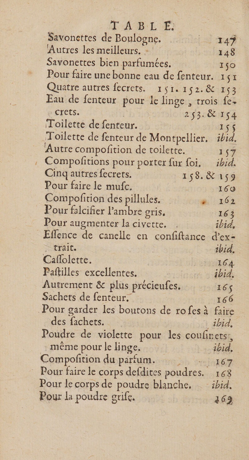 TAB L É Savonettes de Boulogne. Le 24% Autres les meilleurs. - 148 Savonettes bien parfumées. 150 Pour faire une bonne eau de fenteur. 161 Quatre autres fecrets. 151.152. &amp; 163 Eau de fenteur pour le linge , trois fe. crets. | 2$3. &amp; 154 Toilette de fenteur. 15$ Toilette de fenteur de Montpellier, ibid. Autre compofition de toilette. 157 , Compofitions pour porter fur foi. kid. Cinq autres fecrets. 158. &amp; 159 Pour faire le mufc. 160 Compofition des pillules. “ 162 Pour falcifier l’ambre gris, r63 Pour augmenter la civette. . ibid, _Effence de canelle en confiftance d’ex- Srrait. ibid. Cafolette. 164. Paftilles excellentes. : ébid, Autrement &amp;c plus précieufes. 165$ Sachets de fenteur. 166 Pour garder les boutons de rofesà faire des fachets. _ ibid, Poudre de violette pour les coufinets:, même pour le linge. ] ibid. Compofition du parfum. “ie Pour faire le corps defdites poudres. Fe. Pour Le corps de poudre blanche, ibid. Pour la poudre orife. 162