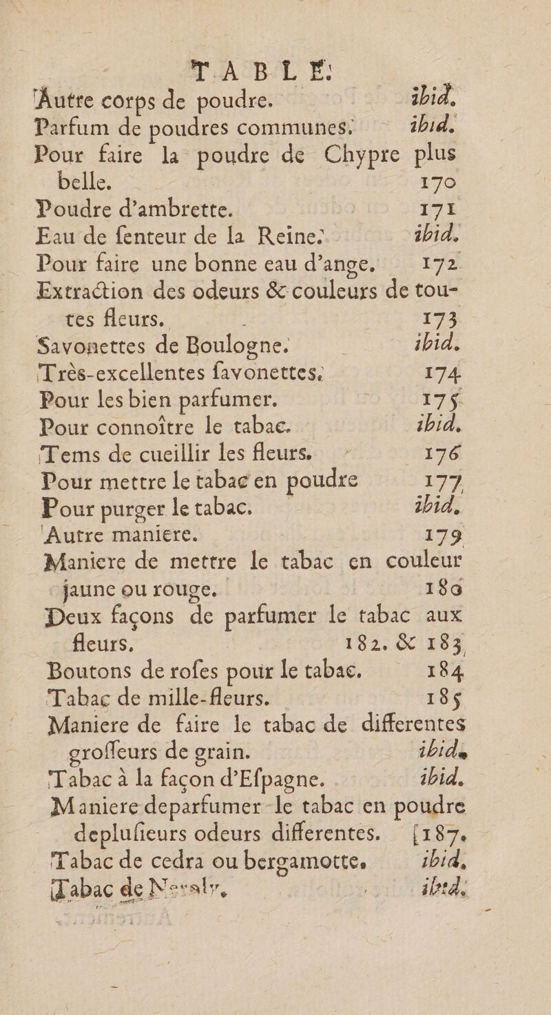 | T'AB-'L E: Autre corps de poudre. ibid. Parfum de poudres communes, ibid. Pour faire la poudre de Chypre plus belle. | 170 Poudre d’ambrette. | 171 Eau de fenteur de la Reine: ibid, Pour faire une bonne eau d'ange, 172 Extraction des odeurs &amp; couleurs de tou- tes fleurs. | 173 Savonettes de Boulogne. ibid, Très-excellentes favonettes. 174 Pour les bien parfumer. 175. Pour connoître le tabac. ibid, Tems de cueillir les fleurs. Dr Pour mettre le tabac en poudre 1 Pour purger letabac. ibid, Autre maniere. | 179 Manicre de mettre le tabac en couleur jaune ou rouge. 189 Deux façons de parfumer Le tabac aux fleurs, 182. &amp; 183 Boutons de rofes pour Le tabac. 184 Tabac de mille-fleurs. 186 Maniere de faire le tabac de differentes roffeurs de grain. ibide Tabac à la façon d’Efpagne. ibid. Maniere deparfumer le tabac en poudre deplufieurs odeurs differentes. [187. Tabac de cedra ou bergamotte. ibid, (Fabac de Nerslr, ibtd,