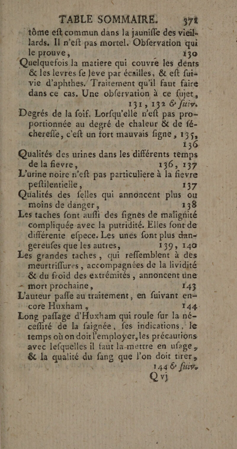 \ _ TABLE SOMMAIRE. y … tôme efk commun dans la jaunifle des vil. lards. Il n’eft pas mortel. Obfervation qui . le prouve, à 130 Quelquefois la matiere qui couvre les dénts &amp; les levres fe Jeve par écailles, &amp; eft fuia vie d’aphthes, Traitement qu'il faut faire dans ce cas. Une obfervation à ce fujet, 131 , 132 &amp; fuis. Degrés de la foif. Lorfqu’elle n’eft pas pro- Portionnée au degré de chaleur &amp; de fé- cherefle, c’eft un fort mauvais figne , 135, 136 Qualités des urines dans les différents temps de la fievre, 136, 137 L’arine noire n’eft pas particuliere à la fievre peftilentielle , 137 Qualités des felles qui annoncent plus ou moins de danger, 138 Les taches font aufli des fignès de malignité compliquée avec la putridité. Elles font de différente efpece. Les unes font plus dan - géreufes que les autres, 139, 140 es grandes taches, qui refflemblent à des meurtriflures , accompagnées de la lividité &amp; du froid des extrémités , annoncent üne = mort prochaine, | 143 L'auteur pañle au traitement, en fuivant en- ‘core Huxham, 144. Long paflage d'Huxham qui roule fur la né- ceflité de la faignée, fes indications, le temps où on doit l’employer,les précautions avec lefquelles il faut la-mettre en ufage, &amp; la qualité du fang que l’on doit tirer, Ft N 144 6 fuir. Q v}