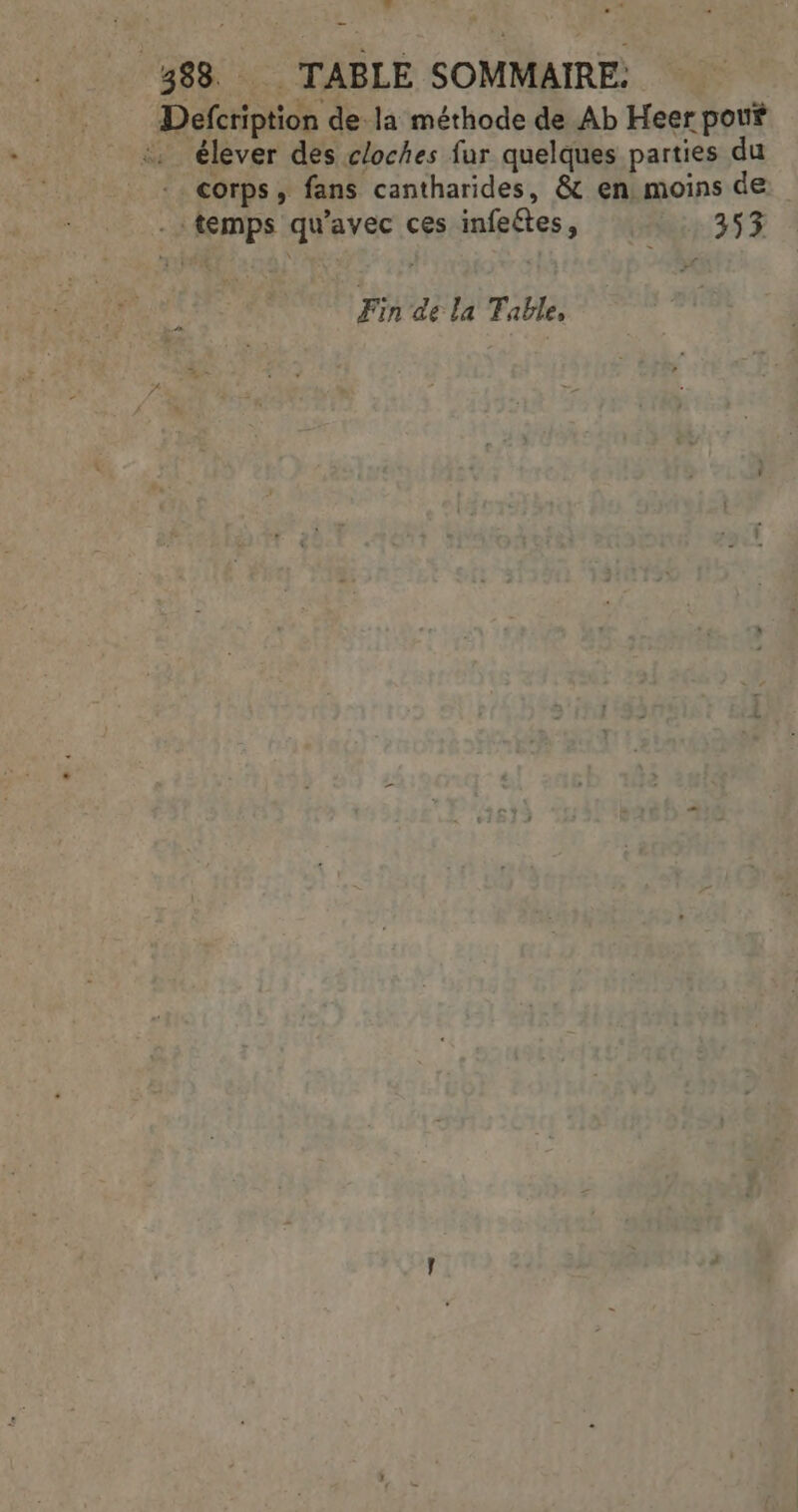 Defcription de la méthode de Ab Heer pouf élever des cloches fur quelques parties du - corps, fans cantharides, &amp; en, moins de - temps qu'avec ces infeétes, 353 Fin de la Table,