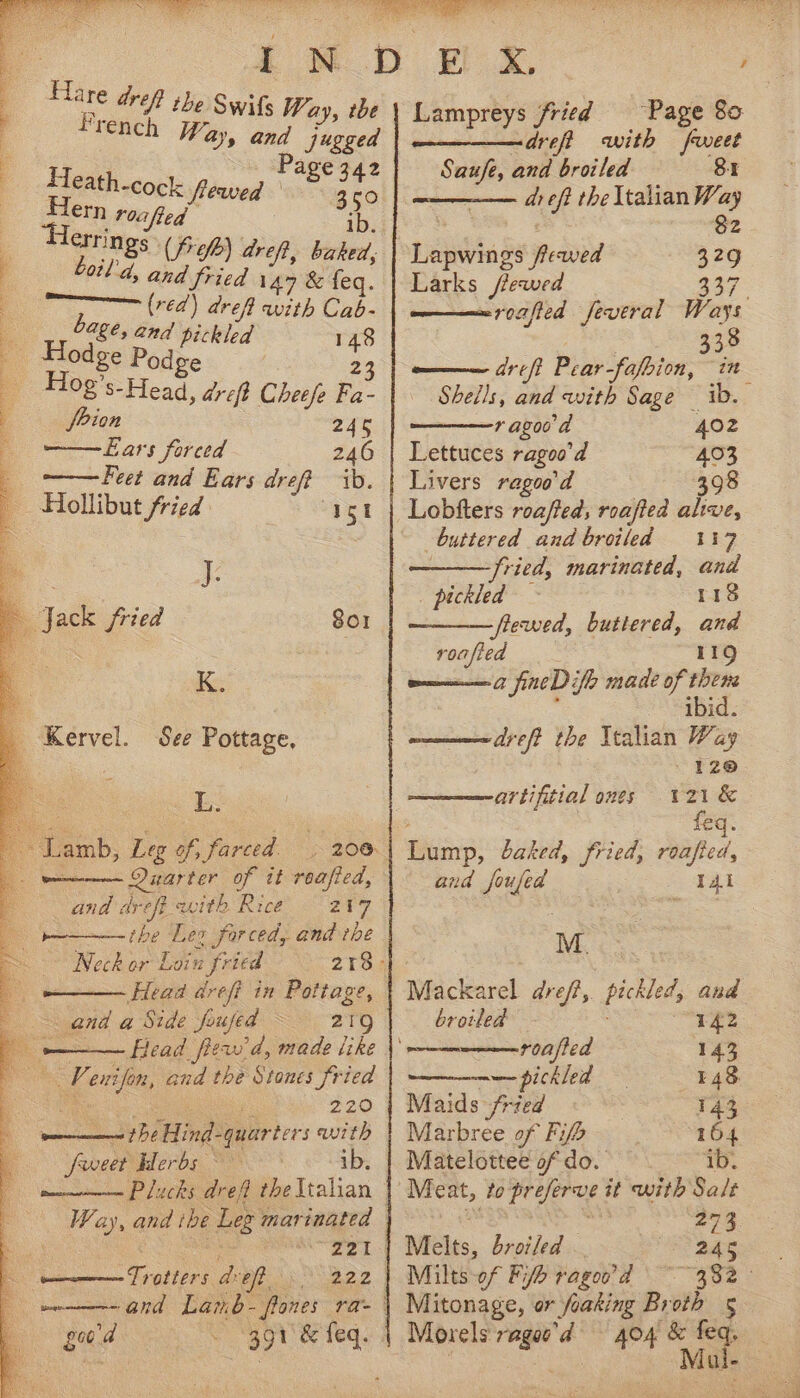 ae eee mr ¢. Y «Nae &gt; Oke ety &amp; Hare dref} the Swifs Way, the French Way, and jugged Page Heath-cocl: frewed — 3 fo €mNn roafted ib. | : TINgs (fig) dre, baked, j otl'd, and fried 147 &amp; feq. a (red) dreft with Cab- 2 bage and * ’ pickled 148 Hodge Podge 23 2 Hog’s- Head, dreft Cheefe Fa- a foion 245 3 Ears forced 246 ——Feet and Ears drefe ib. Hollibut fried “ISt Jack fried 801 4 Kervel. See Pottage, Lamb, Leg of, farced 200. e: —— Quarter of it reafied, and dreft with Rice 217 the Lez forced, and the Neck or Loin n fried if a and a Side foufed ~ 219 Penifen, and the Stones fried 220 ey Hind! quarters with . fuveet Herbs ~ ib. me Plachs dref theltalian | Way, and ibe Leg marinated | ~Z31 | Trotters ad oft. 222 | aa Lamb- flanes ra- | good Lampreys fried “Page 86 dreft with feet Saufe, and broiled 81 a af the Italian iis rissa i fewed 3 ea | Larks /fewed 347° =roafied feveral Ways 338 —— dref? Pear -fafbion, in Shells, and with Sage ib. ragood 402 Lettuces ragoo a 403 Livers ragoo’'d 398 Lobfters roaffed; roafied alive, buttered and broiled 117 fried, marinated, and pickled 118 -frewed, buttered, es roafied 119 aa fineDifh made of es : i dreft the Italian Way 120. artifitial ones 121 &amp; €q. Lump, baked, fried, roafied, and fouled I4l M. Mackarel dre/?, proles and broiled 142 ane roasted 143 ———--—~ pickled 148, Maids fried 143 Marbree of Fi 164 Matelottee of do. ib. Meat, to preferve it with Salt 273 Melts, broiled . ee Milts-of Fb ragoo’d 382 Mitonage, or foaking Broth 5 Morels rages bet sided ne eae