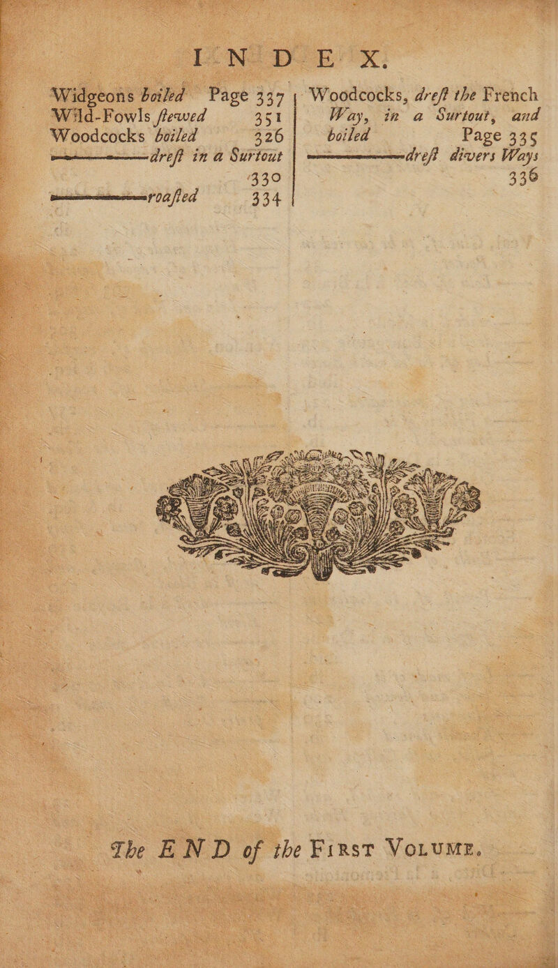 ONG DOB K: Widgeons boiled Page 337 ; Woodcocks, dref the French Wild-Fowls fewed 351 Way, in a Surtout, and Woodcocks boiled 326 boiled Page 335 = dreft in a Surtout dreft divers Ways 330 336 ocemncene 002/100 334 The END of the First Votume. *