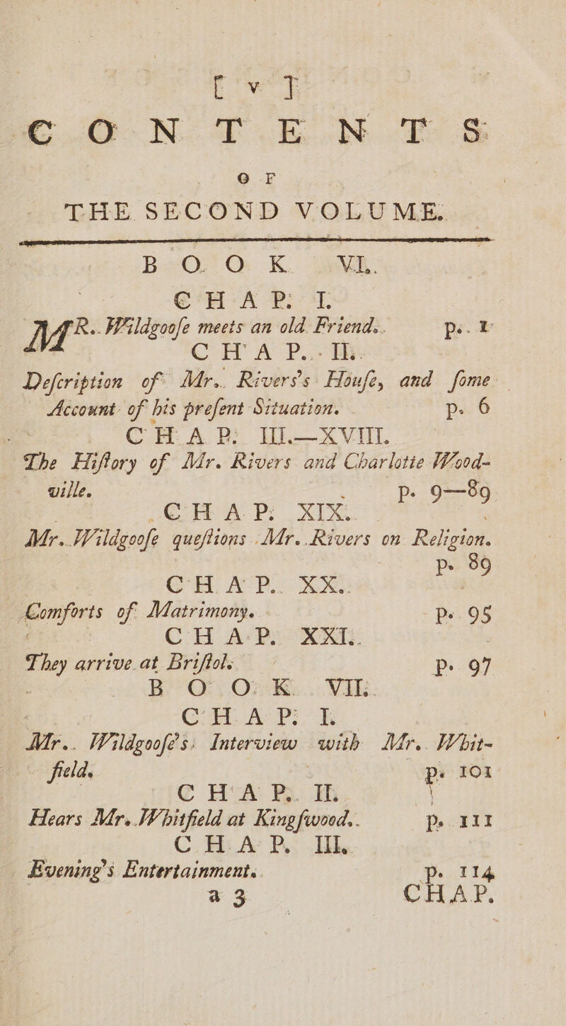 [v pro Noe a oN. Bo THE SECOND V'OLU ME. B+O: O Ko 2m: err A Pie aL Wa _Wildgoofe meets an old. Friend.. pe. B | CHA P... Th. Defeription of Mr.. Riverss Houfe, and fome Account of his prefent Situation. — p:. 6 CHAP: IU.—XVII. The Hiftory of Mr. Rivers and Charlotie Wood- wille. Pp. 9—89 GH AP: XIX: - Mr. Wildgoofe queftions..Mdr..Rivers on Ril ae CH. APPL: SGX. | lied of Matrimony. Pp. 95 CH AP. XX. | egy arrive.at Briftols pi. OF Ke 'G Ove... VAR. 3 CAP Mr... Wildgoofé’s: Interview with Mr. Whit- field. ps 101 C WA B. IL. iy Hears Mr. Whitfield at Kingfwoed,. p&gt; III C. Hi A’ PH Evening’s Entertainment. Pp 114 ae CHAP.