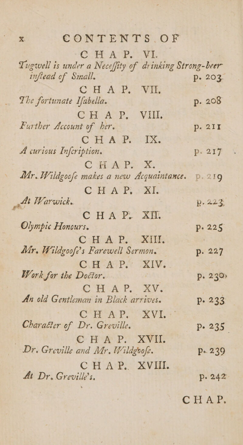 Cott Ate. Vi infread of Small. CoH. A. 2 aa The fortunate Lfabella. CH AP. VIl, Further Account of her. C FH: Aver oes, A curious Infeription. C MAPS C.ea Pah ttt Warwick. | oA. A Olympic Honeurs. C Hod. Be: ei Mr. Wildgoofe’s Farewell Sermon. Work for the Door. CHa. Pe - Avs An old Gentleman in Black arrives. Charaéer of Dr. Greville. | © eR Py XVI Dr. Greville and Mr. Wildgeofe. At Dr. Greville’s. p- 203. p-. 208 p. att hen p. 219