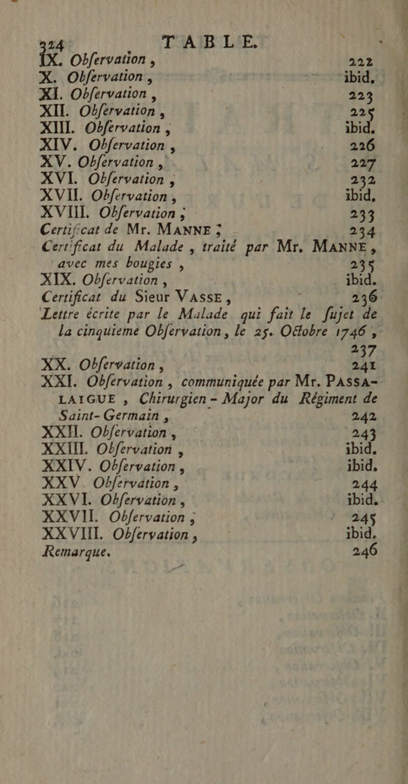 314 TABLE. à &lt; X. Obfervation, ibid, XI. Obférvation, 223 Certificat de Mr. MANNE ; 234 Certificat du Malade , traité par Mr. MANKE, avec mes bougies , 235 Certificat du Sieur VASSsE, 236 Lettre écrite par le Malade qui fait le fujet he 237 XX. Obfervation , 241 XXI. Obfervation , communiquée par Mr. PASsA- LAIGUE , Chirurgien- Major du Régiment de Saint-Germain , 242 XXIV. Obfervation, ibid, XXVI. Obfervation, ibid. XXVIIL Obfervation, ibid. Remarque. 246 y°