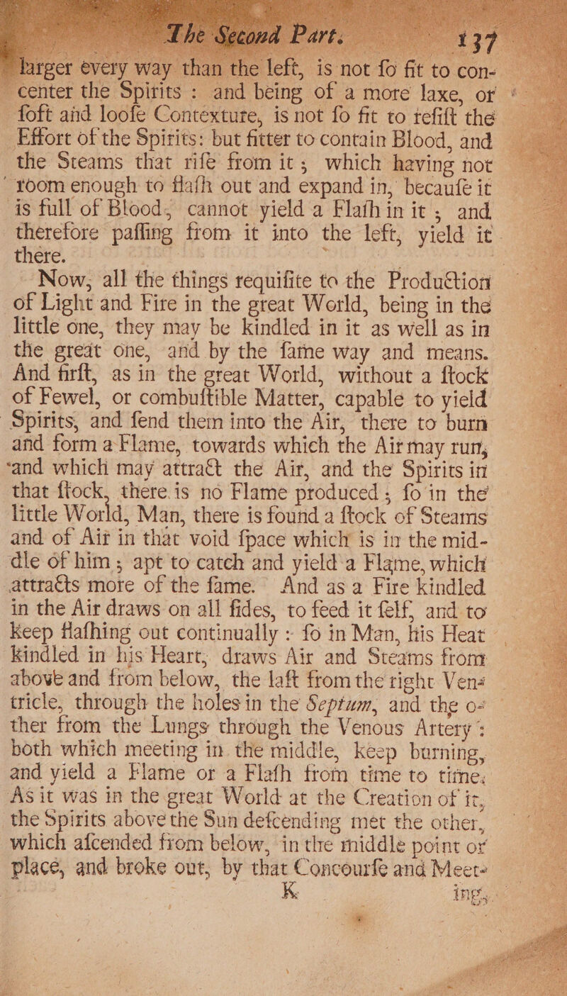 ger every thai left, is not fo fit to con- enter the Spirits : and being of a more laxe, or * - foft aiid loofe Contexture, is not fo fit to tefift the _ Effort of the Spirits: but fitter to contain Blood, and the Steams that rifé from it; which having not room enough to flafh out and expand in, becaufé it is full of Blood, cannot yield a Flafhin it ; and — therefore pafling from it into the left, yield it. there. ap ss 2 Now, all the things requifite to the Produttion of Light and Fire in the great World, being in the little one, they may be kindled in it as well as in the great one, and by the fatne way and means. And firft, as in the great World, without a ftock of Fewel, or combuitible Matter, capable to yield Spirits, and fend them into the Air, there to burn and form aflame, towards which the Airmay run, ‘and which may attra&amp;t the Air, and the Spirits in that ftock, there is no Flame produced ; fo in the little World, Man, there is found a ftock of Steams and of Air in that void fpace whiclr is in the mid- dle of him ; apt to catch and yield a Flame, which — attracts more of the fame. And as a Fire kindled in the Air draws on all fides, to feed it felf, and to Keep flafhing out continually : fo in Man, His Heat — kindled in his Heart, draws Air and Steams from above and from below, the laft fromthe right Vens _ tricle, through the holes in the Septum, and the o- ther from the Lungs through the Venous Artery : both which meeting in the middle, keep burning, and yield a Flame or a Flath trom time to time, As it was in the great World at the Creation of it, the spirits above the Sun defcending met the other, which afcended from below, inthe middle point or place, and broke out, by ve Concourfe and Meet- f -