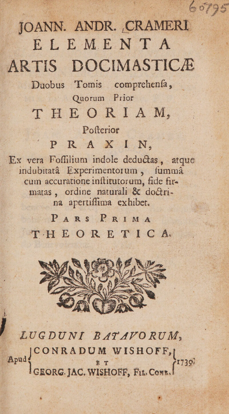 ] gio ANS. j ALES : $c JOAN. ANDR. CRAMERI — : E ELEMENTA $$ ARTIS DOCIMASTICE Duobus 'lTomis comprehenfa, ; Quorum Prior ——— THEORIAM, Pofíterior P R.A X I.N, JEx vera Foffilium indole deductas,, - atque indubitatà Experimentorum ,. fummá cum accuratione inítitutorum, fide fir- maras, ordine naturali &amp; dpt | na apertiffima exhibet. | / PaARs PRi1M&amp;A EE S RAT LUGDUNI BAT ATO RUM, uo A EUN WISHOFF, Apad ms lezonc. JAC. WISHOFF, Fit.Cowt.