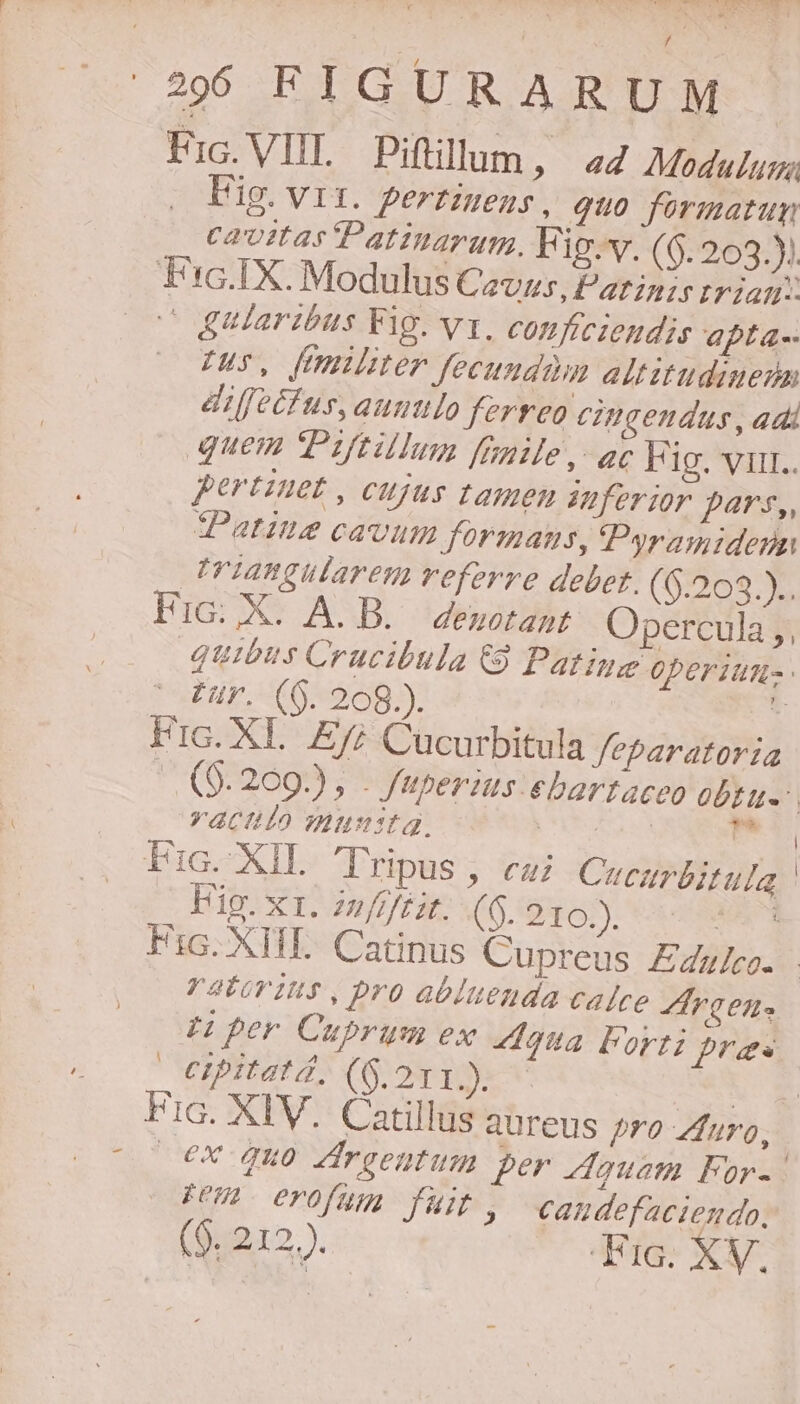 Jai. LEE amPR-. P * LÀ 200 FIGURARUM Fig. VIT. Piftillum » 44 Moedulum ig. VII. Perfiuens, quo formatug cavitas Patinarum, Fig.v. (6. 203.)) Fic.IX. Modulus Ceons, Paripn;s riz co gularibus Fig. v1. comficieudis apta-- —O s, fimiliter fecundom altitudineum dijetfus,auntlo ferreo cingendus, adi quem Pgtillum faile, ac WF 1g. VIII.. pertinet , cujus tamen Aferior pars,, tPatine CAUU formans, Pyramidenn Iriangularem veferre debet. (00093 Fic: XS ASB. esit Opercula ,, quibus Crucibula G Patiue operiun-- tur. (6$. 208.). T Fic. XL. Ef? Cucurbitula feparatoria (9.209), . fuperius ebartaceo obtu-- racuito munita. Mog Lr T Tia XIL lripus, ez; Cucaurbitula Fig. x1. zsfiftit. (9. 916.). 1t NES TaÍorIN$,pro abluenda calce Zrgen. Hper Cuprum ex qua Forti pras Upitatá, (G. 211.) — ! Fic. XIV. Catillus aureus pro Auro, €x quo Argentum ber Aguom For. PUR erofum fuit, caudefaciemdo. (.212.). Fic. XV.