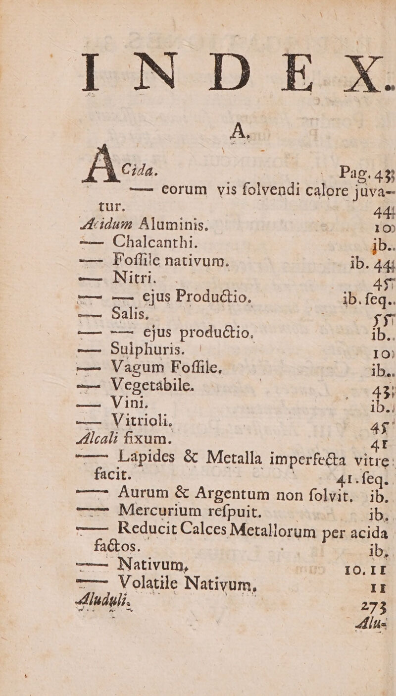 A. à CiZa. Pag.45 j —- eorum vis folvendi calore jüva- tur. 441 tidum Aluminis. BD ue D —— Chalcanthi. jb.. —- Foflile nativum. ib. 444 — Nitri.- 4$T T-— -— €jus Produ&amp;io. ib. feq.. —— Salis. E 311 — -— ejus productio, ib.. — Sulphuris. : IO) — Vapgum Foffile, ib.. —— Vegetabilc. | 342) — Vino 1b.i —— Vitrioli, 4$ Alcali fixum. 4t Lapides &amp; Metalla imperfe&amp;a vitre: facit. - 41.Íeq.. —-- Aurum &amp; Argentum non folvit. ib. —-— Mercurium refpuit. Ib. —— Reducit Calces Metallorum per acida . fa&amp;os. ib, —— MNativum, IO. II -— Volatile Nativum, II 4hudyii. 273 E