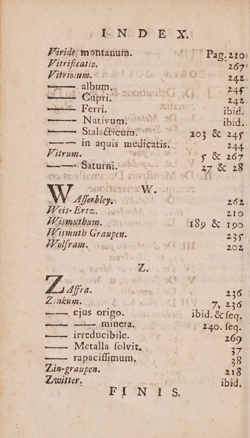 LNDIE X. F'üridé montanum. iu Pag. 210) Fitrificatis. coe TOW Fiteisium.- - NE CONICPUNNURCS t -——75 alum... 04 | 244 -—— Cuüprts 7^7 iia. ——— Ferri. DEN or Eun ——- Natüvumbist8iu 3 ibid. ——— Sulictieum? 203 &amp; 24g c—— in aquis medicatis, 244. Fitrum. Viro NT EGAL ———- Saturni. is e be E MA dE i dnbie. | 262, JFeis-Értz. 210 IV umutbus. . — 1189 &amp; roo IHisnutb Graupen. 256. ZFolfraim. (aW 202. Z. Zn. 226 : Zinkum.. | IV ^ 7,236 ir Cjus origo. | ibid. &amp; feq. RU NM minera. ^1 240.feq. ——— irreducibile. 269 —— Mrtalla folvit, 2378 rapaciffimum., | 38 ZLin-graupen. | 218 Zawitter. n ibid. FINIS