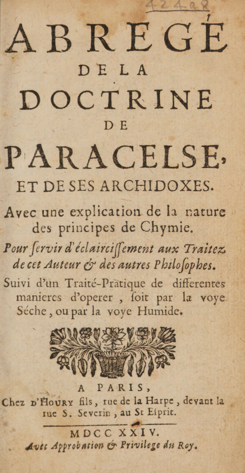 PARACELSE. ET DESES ARCHIDOXES. des principes de Chymie, Pour fervir d' éclairciffement aux Traitez decet Auteur € des autres Philofophes. Suivi d’un Traité-Pratique de differentes manieres d’operer , foit par la voye Séche , ou par la voye Humide, x + Nù \ E Se # it ee Æ LE à 42 NE RS in \ 7 &lt;&lt; | 2 7 : S M] ; FA Si Va : à - &lt;= PT Ve 4} ” . “ WI ER { f 2. CR, an }L: 14 SZ8Z Ÿ A 9 H 3 PLATE t) A. P-AMIS, Chez D HoURY fils, rue de la Harpe, devant la tue S. Severin , au St Eiprit. Auts Approbation Gr Privilege ds Roy, C2