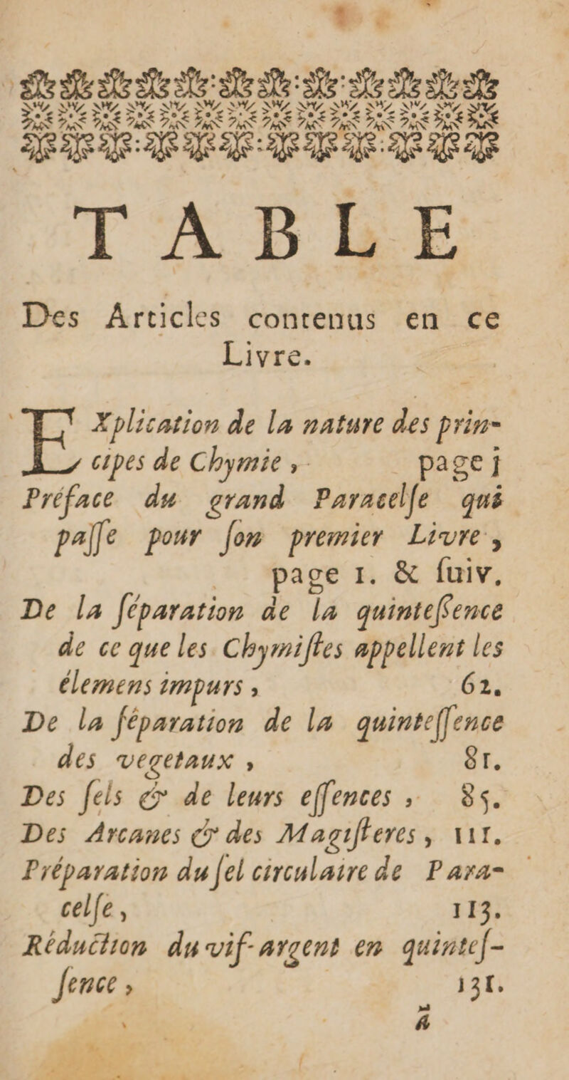 Des Articles contenus en ce Livre. | EF À plication de La nature des Prin» cipes de Chymie &gt; page] Préface du grand Parncelfe qué pale pour Jon premier Livre, page 1. &amp; fuiv. De la féparation de la quinteffence de ce que les Chymifles appellent les élemens mpurs : 621. De la féparation de la quinte[fence des VgEtAUX ; 8r. Des [els &amp; de leurs effences ; 85. Des Arcanes des Magifferes, 111. Préparation duel circulaire de Para- celle, 113: Réduction du vif argent en quintef- Jence ? | 131: &gt;i \ |  À