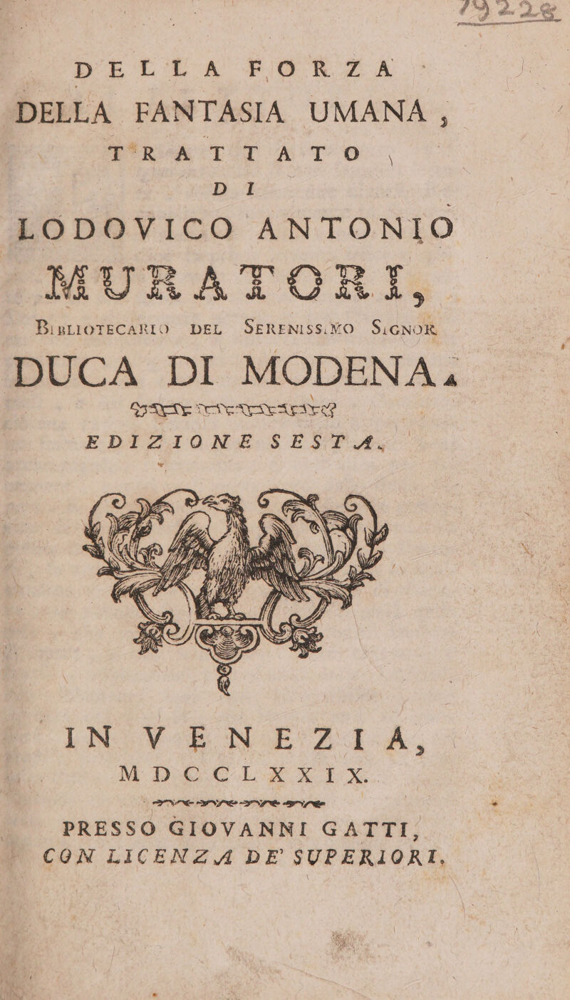 LD VCIELA BOCA DELLA FANTASIA UMANA, I ia TT ATO, D 1 LODOVICO ANTONIO URARLOAI MURAGORÀÌ, BIBLIOTECARIO DEL SERENISS. vo SiGnoR DUCA DI MODENA. DET TETRA EDIZIONE SESTA, LNGVbO NE ZI A, MDOCLKEXXYItx. ET A Net E TS PRESSO GIOVANNI GATTI, CON LICENZA DE SUPERIORI,