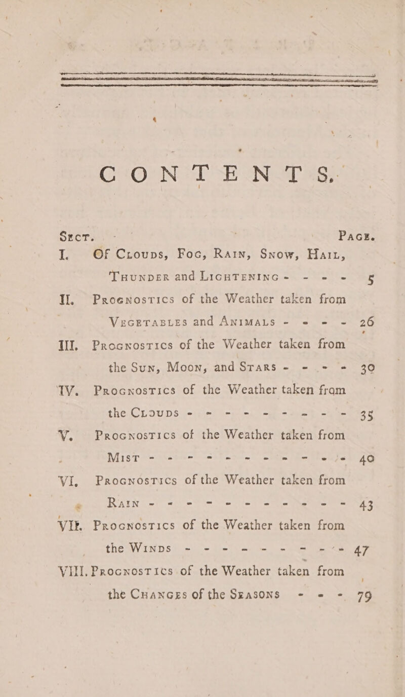 Vill CiO'N TE Nov sg} Secr. THunpeEr and LIGHTENING -. - + ~ Il. Proenostics of the Weather taken from VEGETABLES and ANIMALS - « = - III. Procwostics of the Weather taken from the Sun, Moon, ind GraRs.-3.= fe=%s TV. Procnostics of the Weather taken fram thevCLOuns eye el Ges mk bo See Dey V. Procnostics of the Weather taken from Mist © ete el ate | ete Be faite VI. Procnostics of the Weather taken from @ . RaIn - = © = = © = =e = > VI. Procnostics of the Weather taken from themVINDS tc} ble) Cae le ae ole ee the CuanGes Of the SkaSONS - « = 5 26 3° 35 49 79