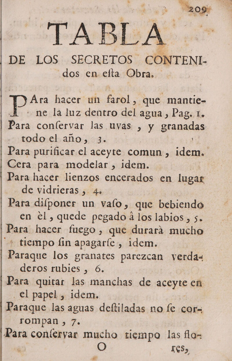“PABLA!: DE LOS SECRETOS CONTENI- dos en efta Obra. 'Ara hacer un farol, que mantie- | «ne la luz dentro del agua, Pag. 1. | Para conlervar las uvas , y ranas |. todoel año, 3. y | Cera para modelar , idem. Para hacer lienzos encerados en lugar lua de videlieras: 5444 Para dilponer un valo, que bebiendo en él , quede pegado a los labios, s. Para hacer fuego, que durará mucho + tiempo Íin apagaríe , idem. Paraque los granates parezcan verdas deros rubies , 6. | Para quitar las manchas de pepe en el papel , idem. Paraque las aguas deftiladas no le cor= | rompan, 7. Para conferyar mucho tiempo las flo- O q6S)