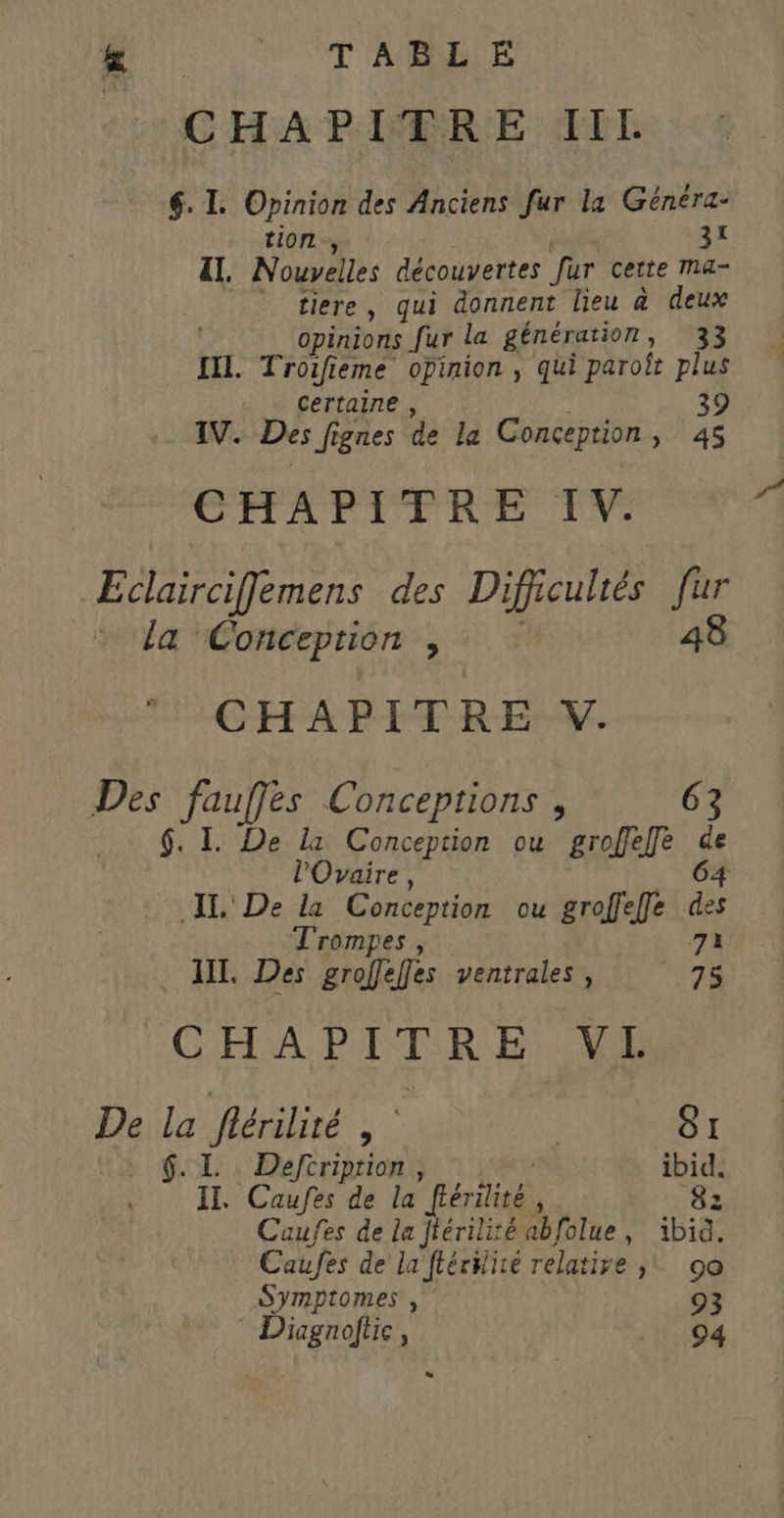 ” TABLE CHAPITRE IIL 6. I. Opinion des Anciens fur la Généra- tion 31 il. Nouvelles découvertes fur cette Mma- © tiere, qui donnent lieu à deux opinions fur la génération, 33 [EL Troifieme opinion, qui paroît plus . Gertaine, 39 IV. Des fignes de la Conception, 45 CHAPITRE IV. Eclarciffemens des Dificulrés Le la Conception , CHAPITRE V. Des fauffes Conceptions , 63 6. I. De la Conception ou groffelfe Fe l'Ovaire, IL. De la Conception ou groffeffe Fe Trompes, 71 IT. Des aile les ventrales, 75 CHAPITRE VL De la flérilité | | 81 + f.L Deftriprion, ibid. à II. Caufes de la flérilité ’ 82 Caufes de la ftérilité abfolue, ibid. Caufes de la flérilité relative, 00 Symptomes , 03 Diagnolftie, PEU» D LL]