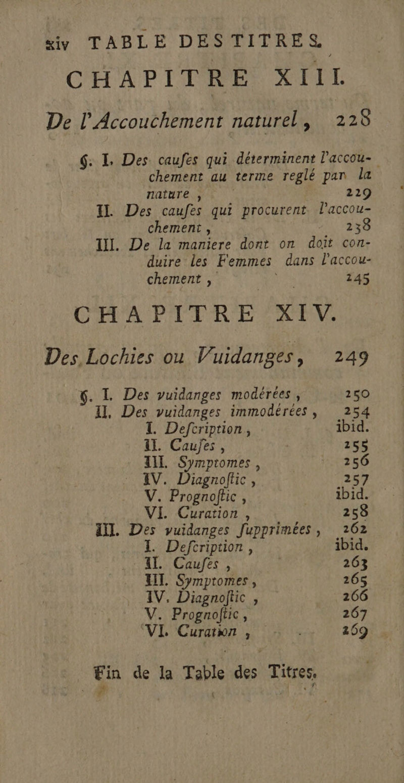 xiy TABLE DESTITRES CHAPITRE XIIL De l’Accouchement naturel, 225 : I. Des caufes qui déterminent l'accou- chement au terme reglé pan la nature , 229 IL Des caufes qui procurent. Paccou- chement, 23 TI. De la maniere dont on doit con- duire les Femmes dans l'accou- chement , 245 CHAPTETRE XV. Des Lochies ou Vuidanges, 249 %. IL Des vuidanges modérées , 250 Il, Des vuidanges immodérées , 254 T. Deftription, ibid. Al. Caujes, | 255 TIL Symptomes , 1256 IV. Diagnoftic, 257 V. Prognoftic , ibid. VI Curation , 258 Al. Des vuidanges Jupprimées, 262 I. Defcription, ibid, IL. Caufes , | 263 UL. Symptomes , 265 IV, Diagnoftic , 266 V. Prognoftic, 267 VI Curatwn , - 269 Œin de la Table des Titres,