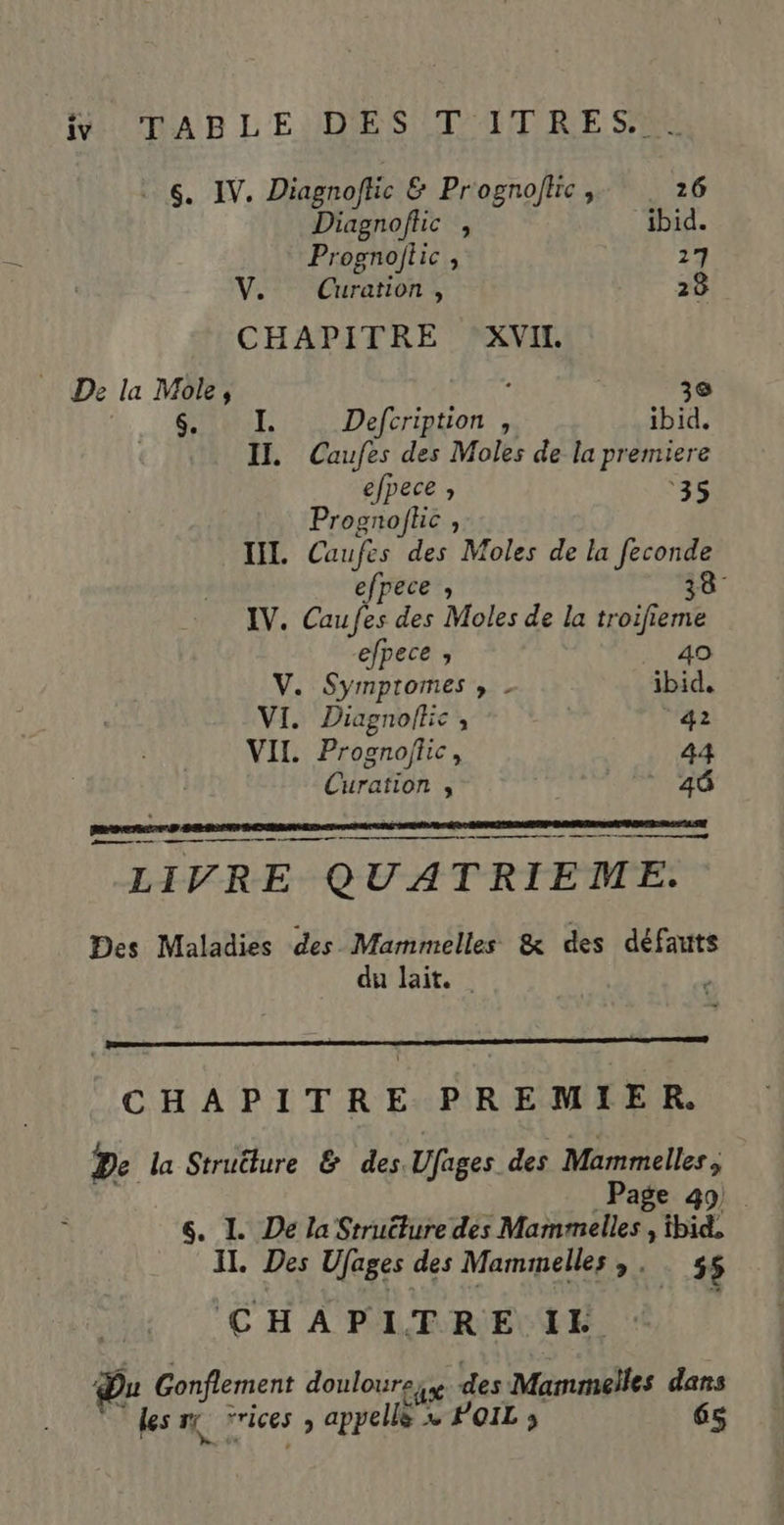 NCA BR L'EHEONESUT A TDRE Se 6. IV. Diagnoflic &amp; Prognolftrc ,. . 26 Diagnofhc , “ibid. Prognollic ; 27 V. Curation, 28 CHAPITRE PXVI. … De la Mole, : 3e EC À Defcription , ibid. II. Caufes des Moles de la premiere efpece , ‘35 Prognofhc , IL. Caufes des Moles de la feconde 8: efpece ; 3 IV. Caufes des Moles de la troifieme efpece , 40 V. Sympromes , . ibid, VI. Diagnoltic , 42 VII. Prognofiic, 44 Curation , 46 mn mm à ee om LIVRE QUATRIEME. Des Maladies des Mammelles &amp; des défauts du lait. : CHAPITRE PREMIER. De la Struêlure &amp; des. Ufages des Mammelles Page 49. 6. I. De la Structure des Mamrmelles , ibid, Il. Des Ufages des Mammelles ,. . 5$ CHAPITRE IE Du Gonflement doulourei des Mammelles dans desm rices, appellé x POIL ; 6s