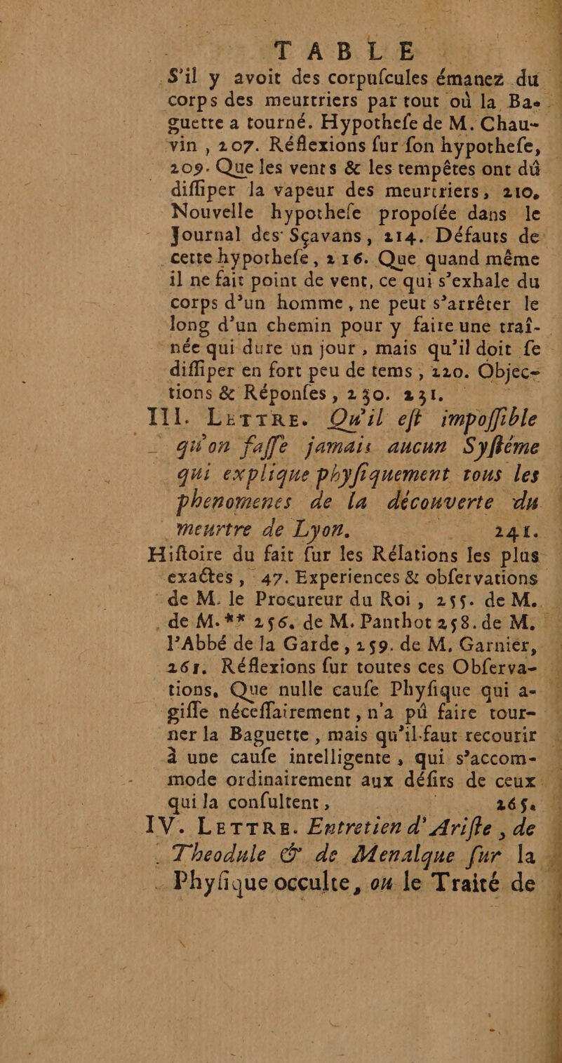 TAB, LUE S'il y avoit des corpufcules émanez du corps des meurtriers par tout où la Ba- guette a tourné. Hypothefe de M. Chau- vin , 207. Réflexions fur fon hypothefe, 209. Que les vents &amp; les tempêtes ont dû diffiper la vapeur des meurtriers, 210, Nouvelle hypothele propolée dans le Journal des’ Sçavans, 214. Défauts de: cette hyporhefe, 216. Que quand même il ne fait point de vent, ce qui s’exhale du corps d’un homme, ne peut s’arrêter le long d’un chemin pour y faire une traî- née qui dure un jour , mais qu’il doit fe difliper en fort peu de tems , 220. Objec- tions &amp; Réponles, 230. 231 111. Lerrre. OQwil eff impofible qu'on fallfe jamais aucun Syflême qui explique phyfiquement tous les phenomenes de la découverte du | . meurtre de Lyon. FIAT à Hüiftoire du fait {ur les Rélations les plus exaËtes, 47. Experiences &amp; obfervations de M. le Procureur du Roi, 255. de M. . de M. ** 256, de M. Panthot258.de M. lAbbé de la Garde, 259. de M, Garnier, 261. Réflexions fur toutes ces Obferva- tions, Que nulle caufe Phyfique qui a- gifle néceffairement , n'a pû faire tour-. ner la Baguette , mais qu’il-faut recourir ® à uve caufe intelligente, qui s’accom- mode ordinairement aux défirs de ceux : qui la confultent, | 266$: | IV. Lettre. Entretien d’'Arifle , de . Theodule © de Menalque [ur la: - Phyfque occulte, ox le Traité de Été LS Ta ahat-ses |