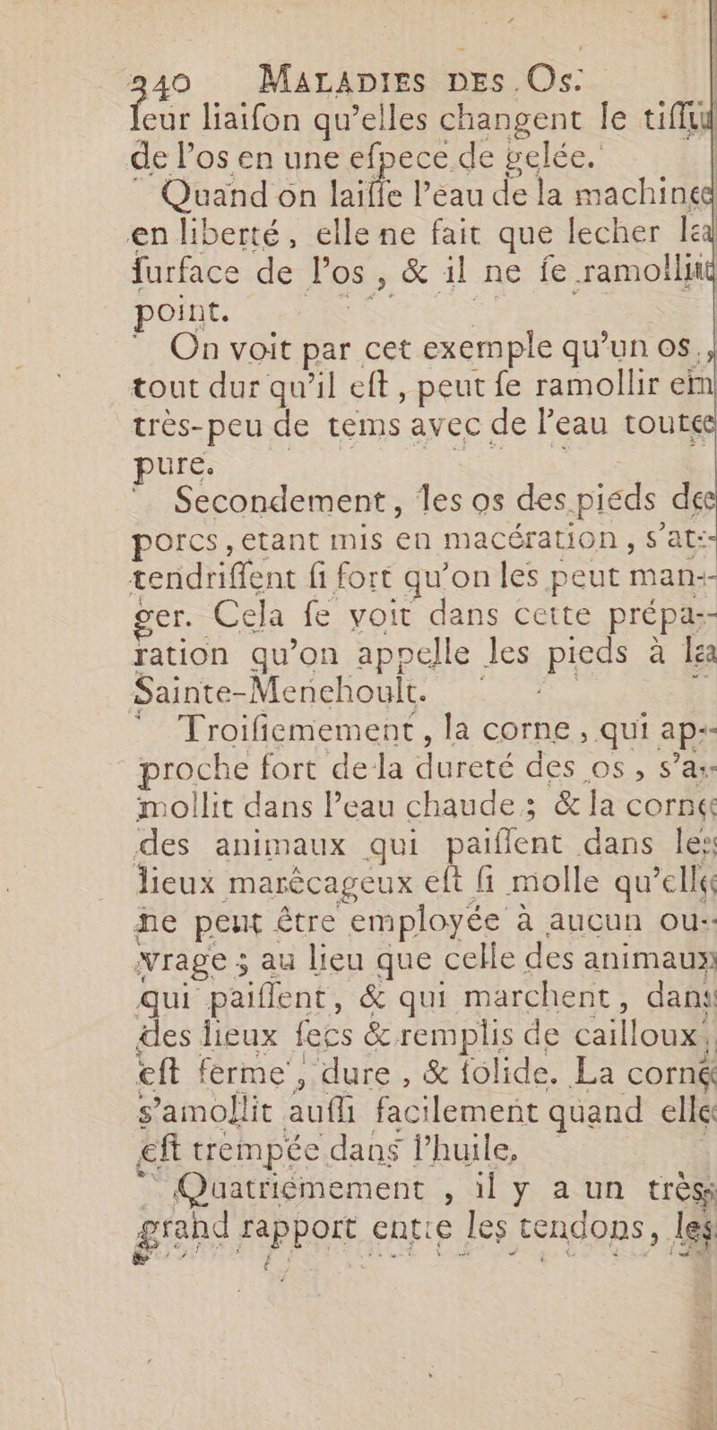 ‘ # + 340 Marapies DEs.Os. | eur liaifon qu’elles changent le tiffu de los en une efpece de gelée. | Quand on ait Peau de la machined en liberté, elle ne fait que lecher le furface de Pos, &amp; al ne fe ramoilité point. | On voit par cet exemple qu’un os., tout dur qu’il eft , peut fe ramollir em très-peu de tems avec de l'eau tourée pure. Secondement, les os des pieds dée porcs, etant mis en macération , s’at:- tendriffent {1 fort qu'on les peut man:- ger. Cela fe voit dans cette prépas: ration qu’on appelle Jes pieds à lea Sainte-Menchoult. ‘ Troifiemement, la corne, qui ap-- proche fort dela dureté des os, s’ass mollit dans Peau chaude ; : &amp; la corn des animaux qui paiflent dans les dieux marècageux eft fi molle qu *ellée de peut Être employée à aucun ou: vrage ; au lieu que celle des animaux qui paiflent, &amp; qui marchent, dans des lieux fecs &amp; remplis de cailloux, eft ferme’, dure , &amp; folide. La corn&amp; s’amollit auf facilement quand elle ef trempée dans l'huile, ” Quatriémement , il y a un très grand FABbGRE. catie les cendops, les