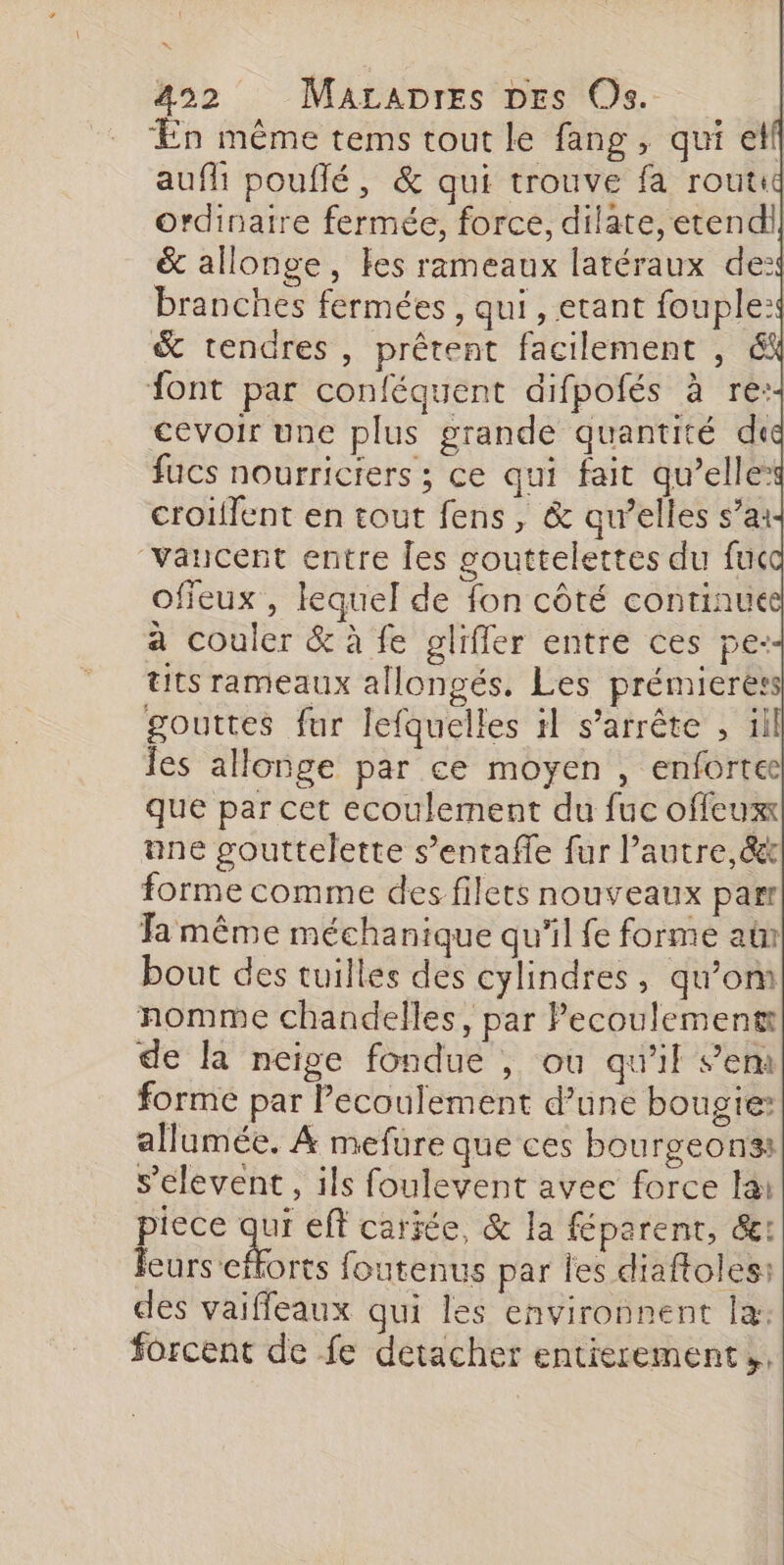 « 452 Macanres Des Os. En même tems tout le fang, qui eff aufli pouflé, &amp; qui trouve fa routi ordinaire fermée, force, dilate, etendil &amp; allonge, es rameaux latéraux de: branches fermées , qui , etant fouple: &amp; tendres, prêtent facilement , &amp;k font par conféquent difpofés à re:- cevoir une plus grande quantité dd fucs nourriciers ; ce qui fait qu’elle croiffent en tout fens, &amp; qu’elles s’ai- “vaucent entre Îes gouttelettes du fuca offeux , lequel de fon côté continue à couler &amp; à fe glifler entre ces pe-- tits rameaux allongés. Les prémierers gouttes fur lefquelles il s’arrête , ïll les allonge par ce moyen , enfortee que par cet ecoulement du fuc offeux ane gouttelette s’entaffe fur l’autre, &amp;&amp; forme comme des filets nouveaux parr Fa même méchanique qu'il fe forme ain bout des tuilles des cylindres, qu’om nomme chandelles, par Pecoulement de la neige fondue , où qu'il em forme par Pecoulement d’une bougie: allumée. À mefure que ces bourgeons: s’elevent, ils foulevent avec force lai piece Fe eft cariée, &amp; la parent, &amp;: feurs efforts foutenus par les diaftoles: des vaiffeaux qui les environnent la: forcent de fe détacher entierement»,