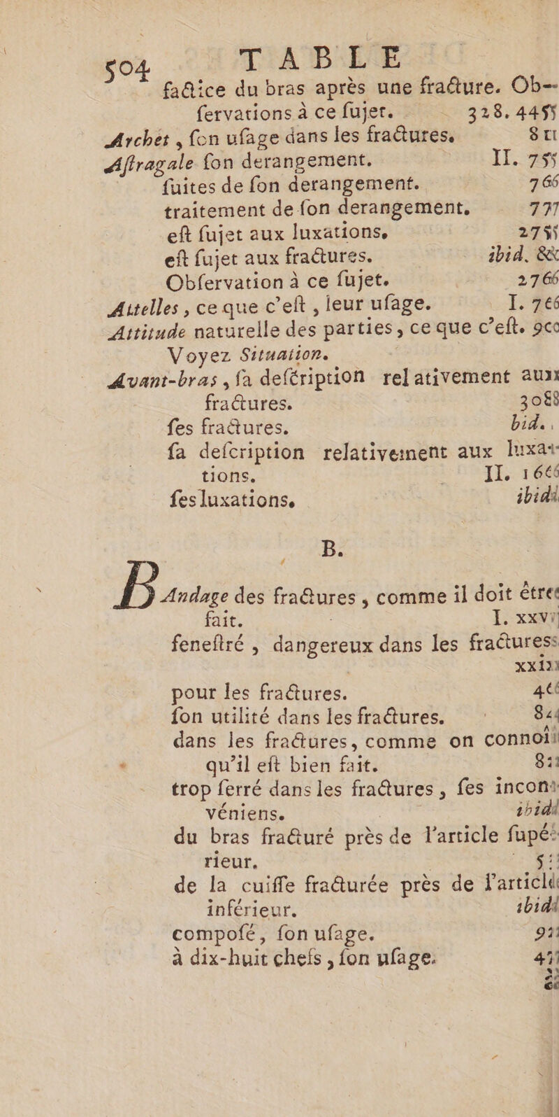 sex 2H ATAUBANE faQice du bras après une fracture. Ob-- fervations à ce fujer. 328. 4495 Archet , fon ufage dans les fradtures, 8ui Aftragale fon derangement. II. 75 fuites de fon derangement. 7 66 traitement de fon derangement, 777 eft fujet aux luxations. 27% eit fujet aux fraëtures. ibid. &amp; Obfervation à ce fujet. 2 7 66 Aitelles , ce que c’eft , leur ufage. I. 76 Attitude naturelle des parties, ce que c’eft. 9cc Voyez Situation. Avant-bras , fa deféription relativement aux fractures. 3088 fes fraftures. bid. fa defcription relativenent aux Juxa+ tions. II. 166 fes luxations, ibida .. B. ane des fraures , comme il doit être fait. | I. xxvr feneftré | dangereux dans les fracturess | XX12) pour les fraûures. 4€ fon utilité dans lesfraûtures. 844 dans les fratures, comme on connoii + qu’il eft bien fait. CEE -_ trop ferré dans les fradtures , fes incona véniens. 2hidû du bras frauré près de l'article fupé: rieur. | a de la cuiffe fraûturée près de Farticld inférieur. 1b1d4 compofé, fon ufage. CEE à dix-huit chefs , fon ufage. 411