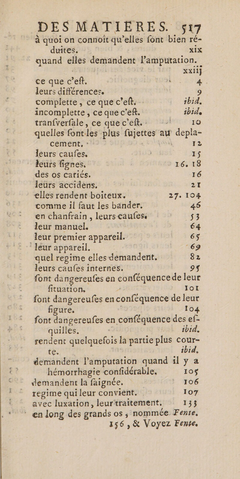 à quoi on connoit qu elles font bien ré- duites. xix quand elles demandent l’amputation. xxii} ce aie: c'efl: LELTRRDE E leurs différences. complette, ce que c’eft. ibid, incomplette, ce que c’eft. ibide tranfverfale, ce quec’eft.: 19 quelles font. les plus Le act au ar cement, : 12 leurs caufes, 1$ leurs fignes, 16. 18 des os cariés. 16 leürs accidens, 21 elles rendent boiteux. 27. 104 comme il faut les bander. 46 en chanfrain , leurs caufes. $3 leur manuel. 64 leur premier appareil. 65 leur appareil. 69 quel regime elles demandent, 82 leurs caufes internes. font dangereufes en eonféquence de leur fituation, JoI font Po is en conféquence de leur figure, 104 font dangereufes en conféquence des ef- quilles. ibid. rendent quelquefois la partie plus cour- te. ibid, demandent l'amputation quand il y a hémorrhagie confidérable, 10ÿ demandent la faignée. 106 regime qui leur convient. 107 avec luxation, leur traitement. 133 ‘ en long des grands os ; nommée Fente, 156, &amp; Voyez Fente.