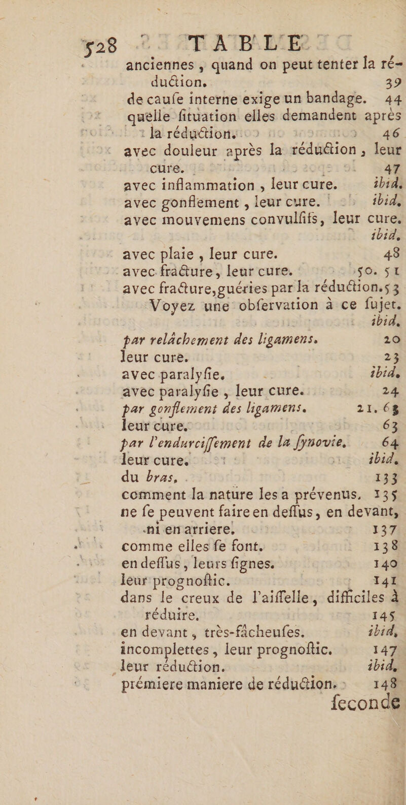 anciennes , quand on peut tenter [a ré- duéion. 39 de caufe interne exige un bandage. 44 quèlle fituation elles demandent apres : la réductions: : 103 avec douleur après la réduétion ; leur curé. | Psecqe:5l 6 avec inflammation , leur cure. ibid. avec gonflement , leur cure. ! _} ibid, avec mouvemens convulffs, leur cure. ibid, avec plaie , leur cure. 48 avec frature, leur cure. :$0. SI avec frature,guéries par la réduétion.s3 Voyez une obfervation à ce fujet. | 1bid, par relächement des ligamens. 20 leur cure. 23 avec paralyfe. PER ES ibid, avec paralyfie , leur cure. 24 par gonflement des ligamens. 21.68 leur cure. | 63 par l'endurcifement de la fynovie, 64 leur cure. 3 ; du bras, . 133 comment la nature lesa prévenus, 135 ne fe peuvent faireen deflus, en devant, hienarriere, : 23% comme elles fe font. 138 en deffus , leurs fignes. 140 leur prognoftic. t T4 dans le creux de l’aiffelle, difficiles à réduire, 145 en devant, très-fâcheufes. ibid, incomplettes , leur prognofic. 147 leur réduction. ibid, prémiere maniere de réduétion.: 148 feconde