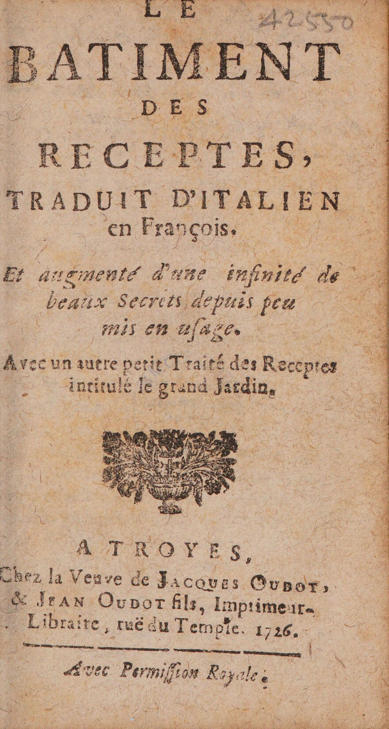 TRADUIT DITALIEN. “n FREIRE o Er argmenté d'une infolia de © ans Secrets) depuis peu mais cn alaze. Î Avec un dite perie Traité des Receptes | nti &lt;p dc casa | A S d) Va z i ATROYE Ss, A hez la Veuve de Jacque Es MUBOE,. È JrAn Oupor fils, Imprimenra Li ibraite, tué &amp; lu Tempte. 12265 4: — | fa Di DI &lt; à di vee Permifion Regolee es! F kon | È ftt goa